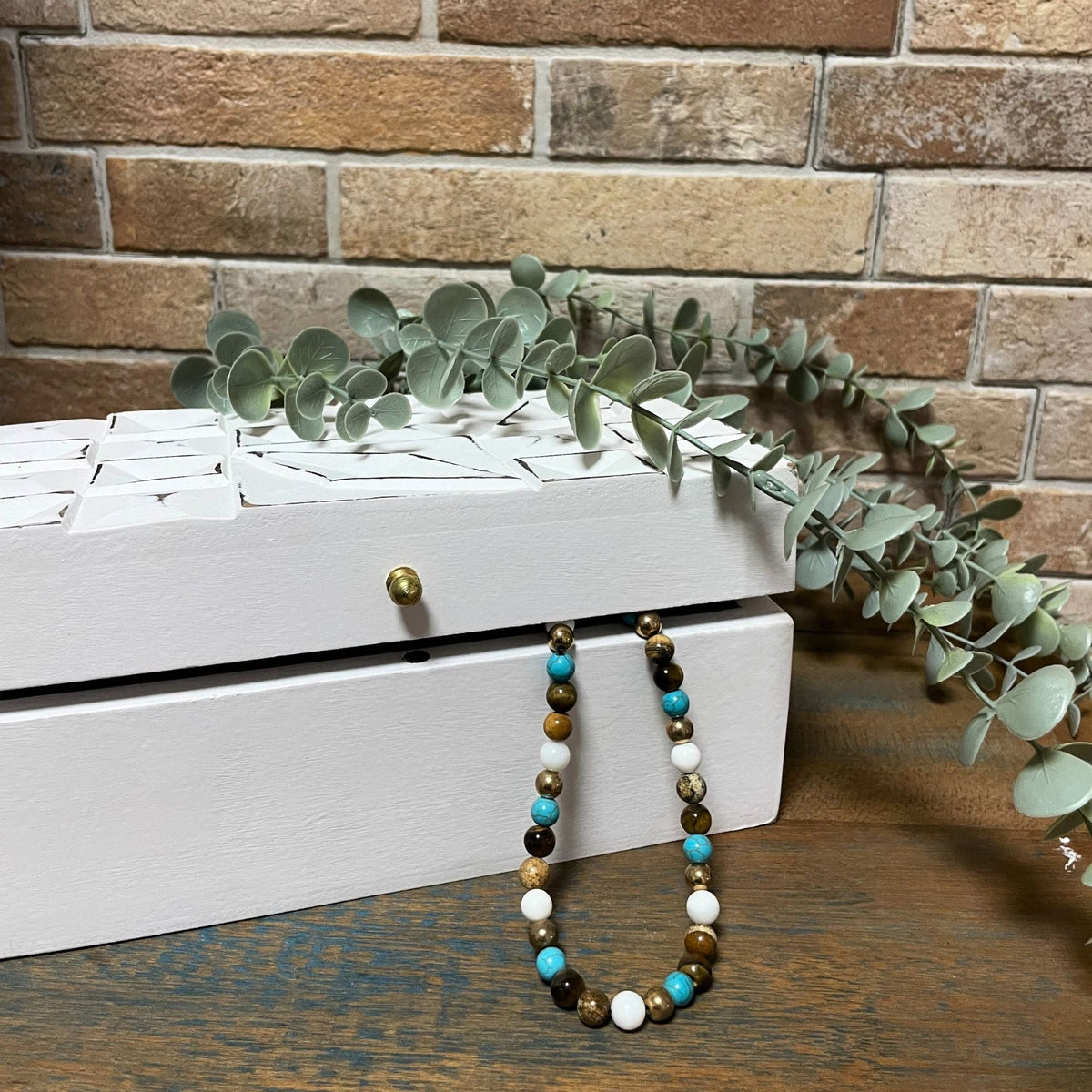 Vintage Deco Mango Wood Multi-Purpose Box - White Diamonds partly open with a multicoloured beaded necklace hanging from the front by Quintessential Holistic Health Ltd