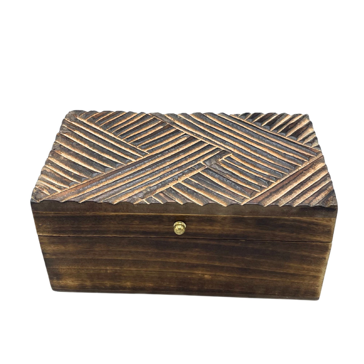 Vintage Deco Mango Wood Multi-Purpose Box - Antique Lines closed with a dark finish, diagonal striped lid and brass-tone knob by Quintessential Holistic Health Ltd