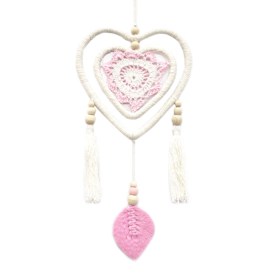 Eco-Friendly Hand Crafted Rattan and Cotton with Wooden Beaded Dreamcatcher - Medium / Heart in Heart / Pink product packaging on clean background from Quintessential Holistic Health Ltd