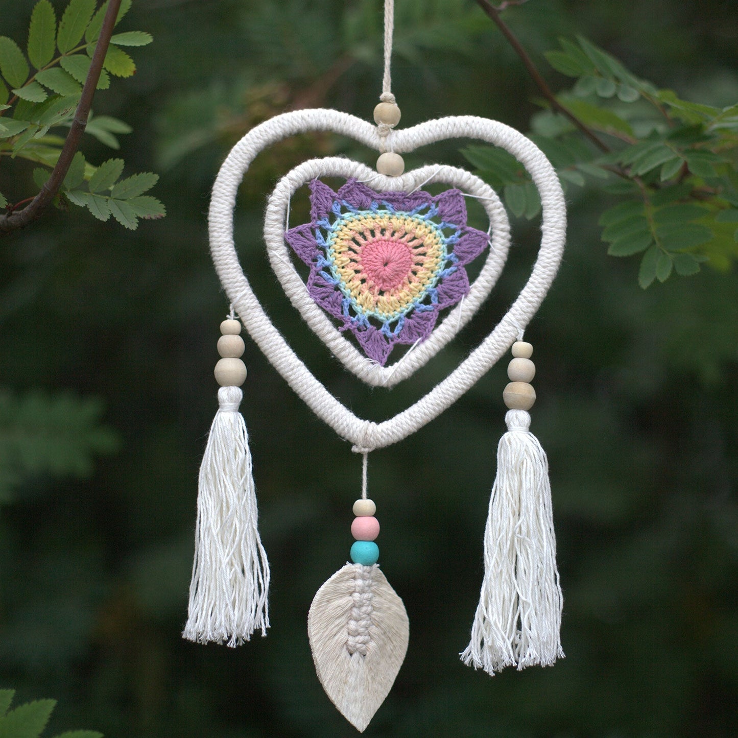 Eco-Friendly Hand Crafted Rattan and Cotton with Wooden Beaded Dreamcatcher - Medium / Heart in Heart / Multicoloured product packaging on clean background from Quintessential Holistic Health Ltd