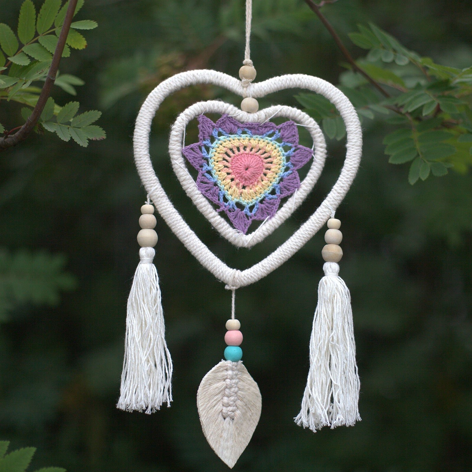 Eco-Friendly Hand Crafted Rattan and Cotton with Wooden Beaded Dreamcatcher - Medium / Heart in Heart / Multicoloured product packaging on clean background from Quintessential Holistic Health Ltd