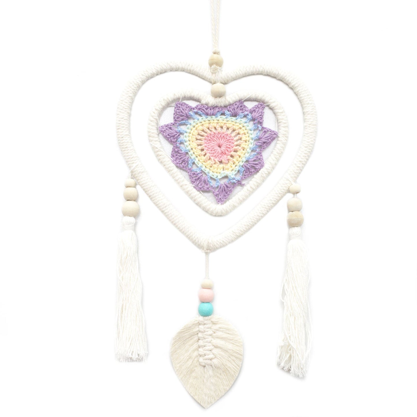 Eco-Friendly Hand Crafted Rattan and Cotton with Wooden Beaded Dreamcatcher - Medium / Heart in Heart / Multicoloured product packaging on clean background from Quintessential Holistic Health Ltd