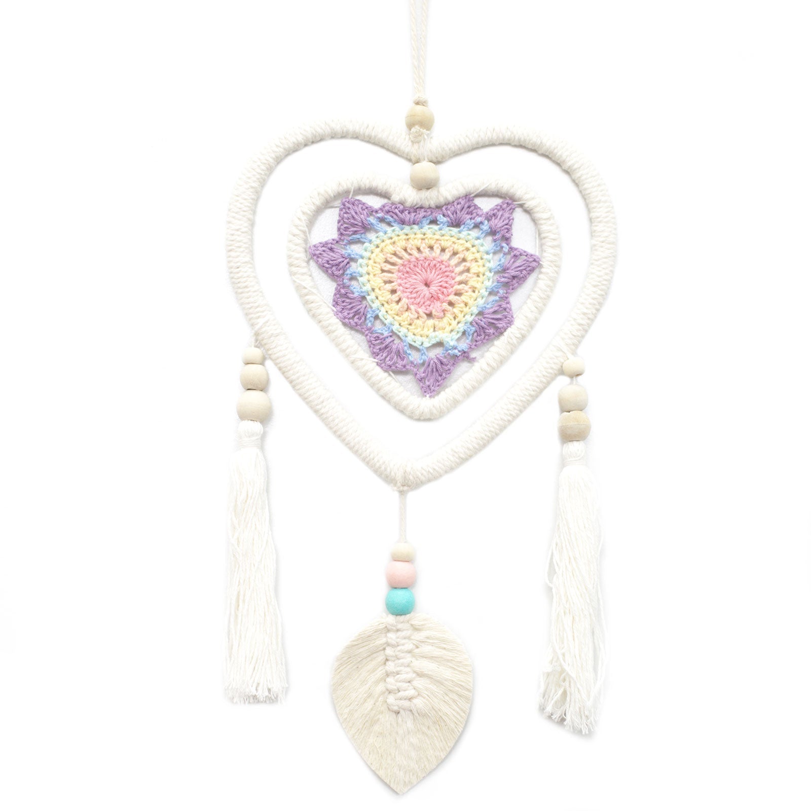 Eco-Friendly Hand Crafted Rattan and Cotton with Wooden Beaded Dreamcatcher - Medium / Heart in Heart / Multicoloured product packaging on clean background from Quintessential Holistic Health Ltd