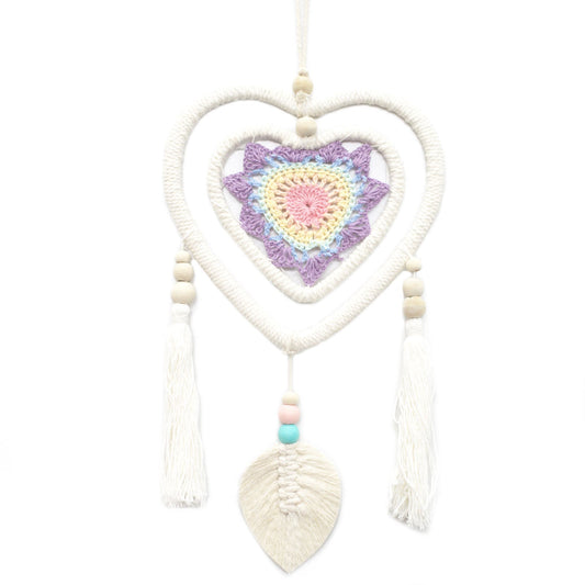 Eco-Friendly Hand Crafted Rattan and Cotton with Wooden Beaded Dreamcatcher - Medium / Heart in Heart / Multicoloured product packaging on clean background from Quintessential Holistic Health Ltd