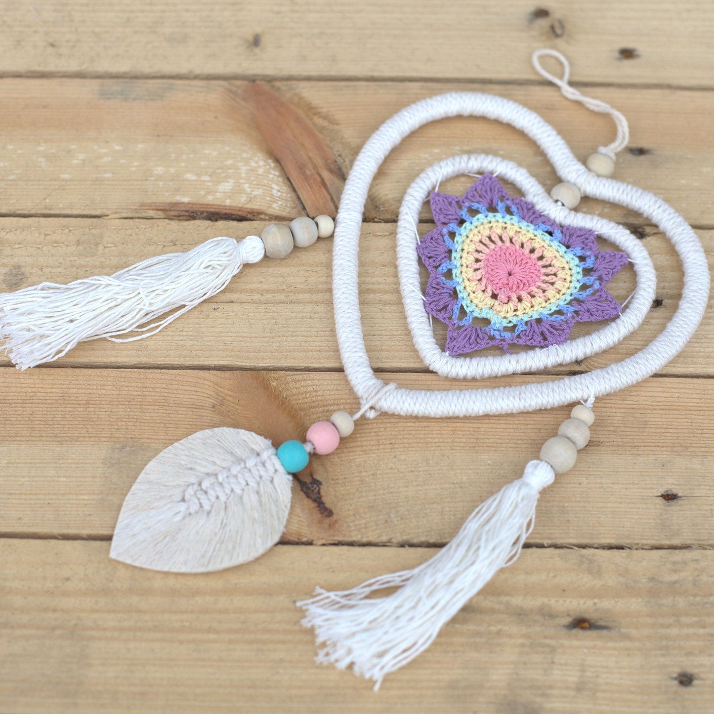 Eco-Friendly Hand Crafted Rattan and Cotton with Wooden Beaded Dreamcatcher - Medium / Heart in Heart / Multicoloured product packaging on clean background from Quintessential Holistic Health Ltd