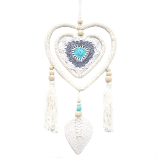 Eco-Friendly Hand Crafted Rattan and Cotton with Wooden Beaded Dreamcatcher - Medium / Heart in Heart / Blue product packaging on clean background from Quintessential Holistic Health Ltd