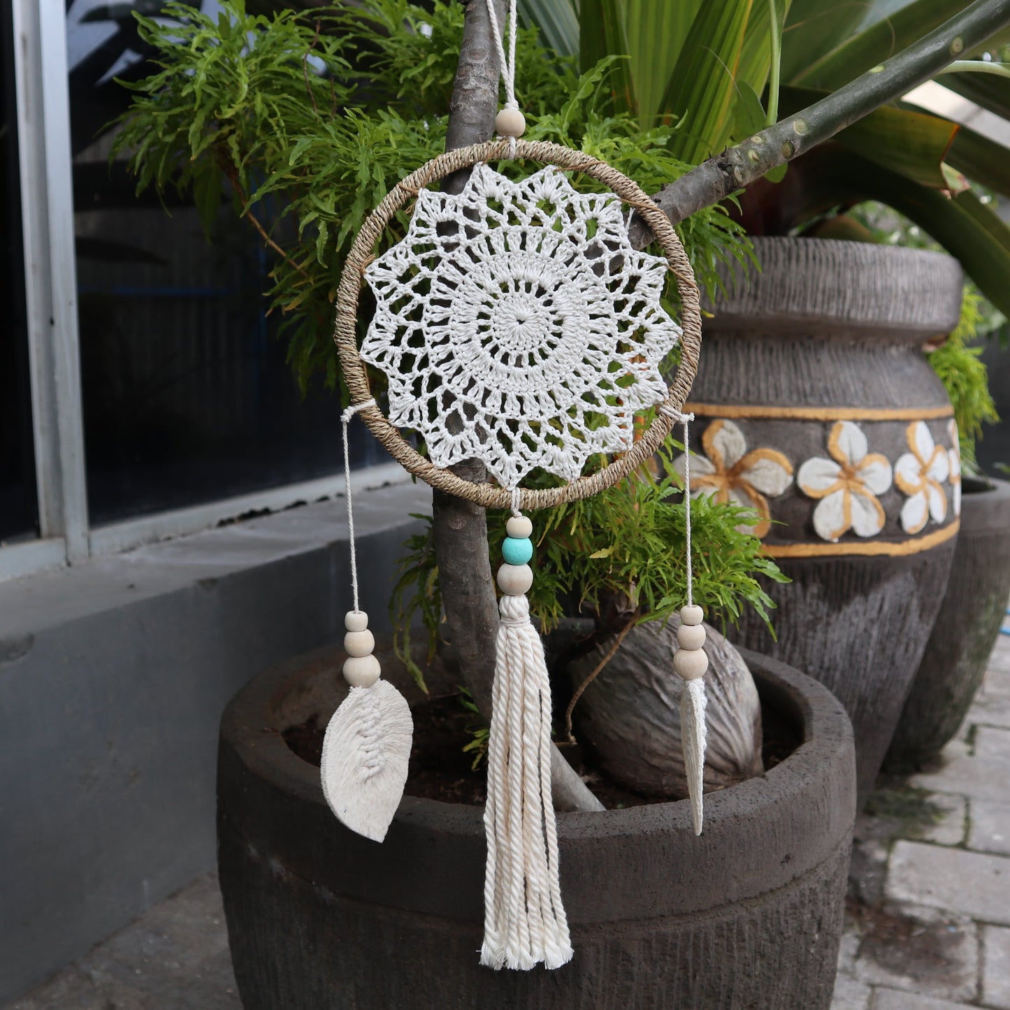 Eco-Friendly Hand Crafted Rattan and Cotton with Wooden Beaded Dreamcatcher - Medium / Elemental Spirits / Natural product packaging on clean background from Quintessential Holistic Health Ltd