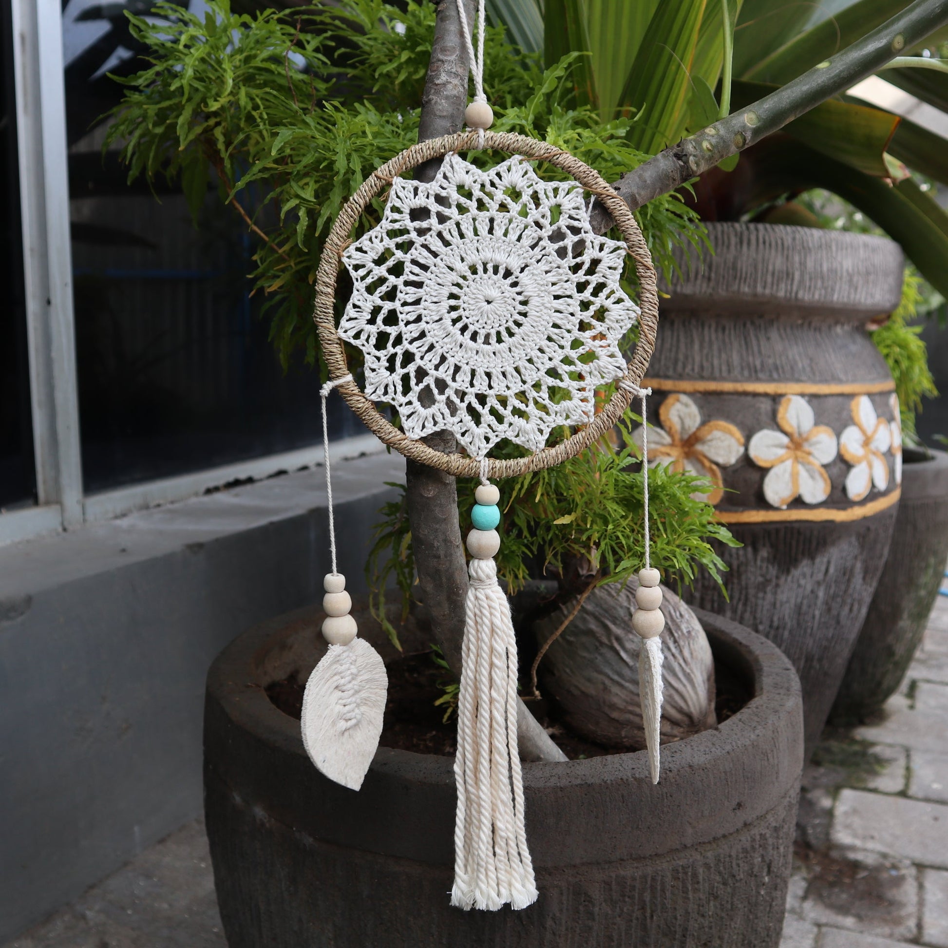 Eco-Friendly Hand Crafted Rattan and Cotton with Wooden Beaded Dreamcatcher - Medium / Elemental Spirits / Natural product packaging on clean background from Quintessential Holistic Health Ltd