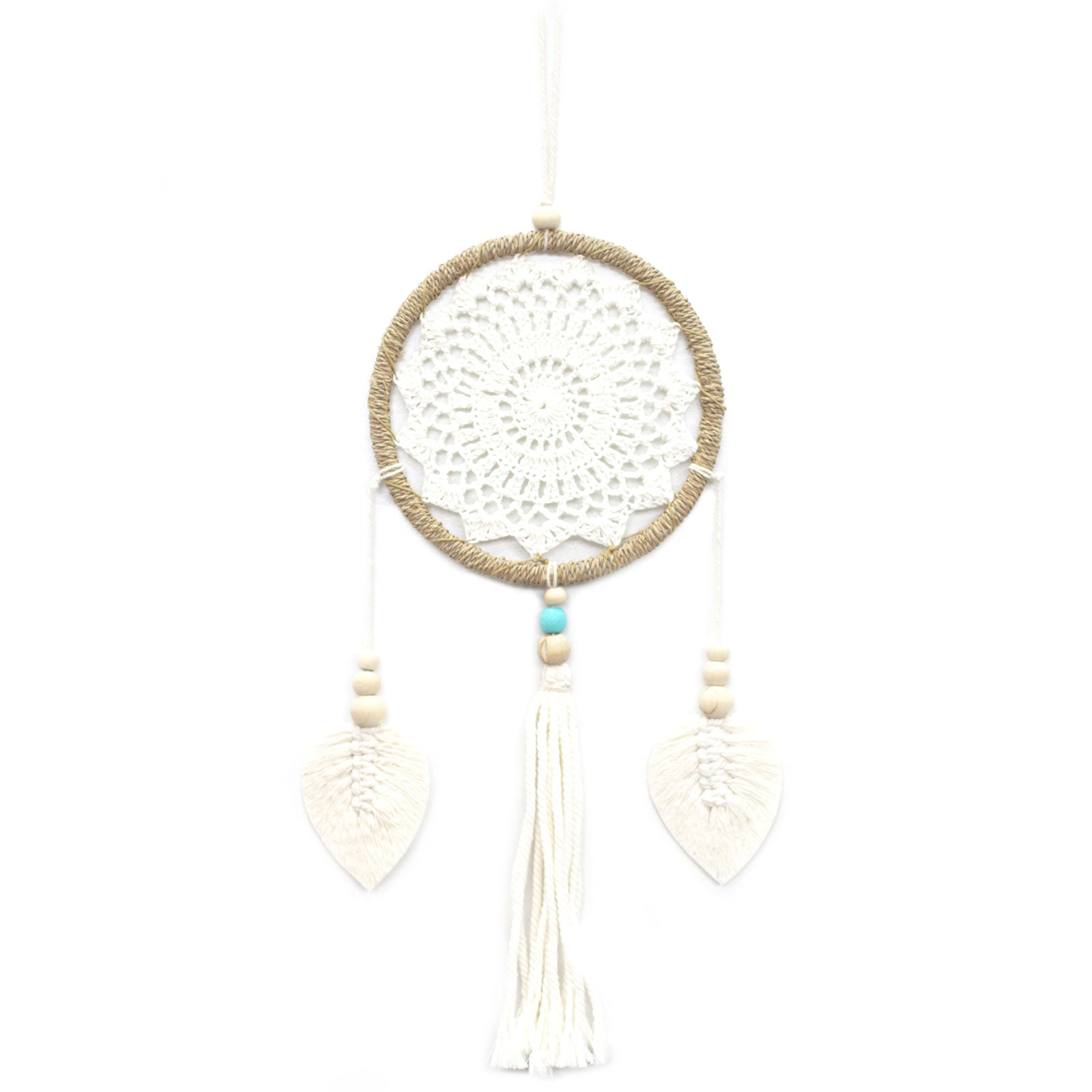 Eco-Friendly Hand Crafted Rattan and Cotton with Wooden Beaded Dreamcatcher - Medium / Elemental Spirits / Natural product packaging on clean background from Quintessential Holistic Health Ltd