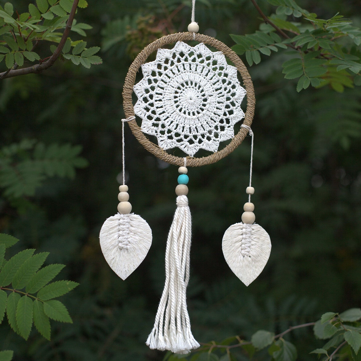 Eco-Friendly Hand Crafted Rattan and Cotton with Wooden Beaded Dreamcatcher - Medium / Elemental Spirits / Natural product packaging on clean background from Quintessential Holistic Health Ltd