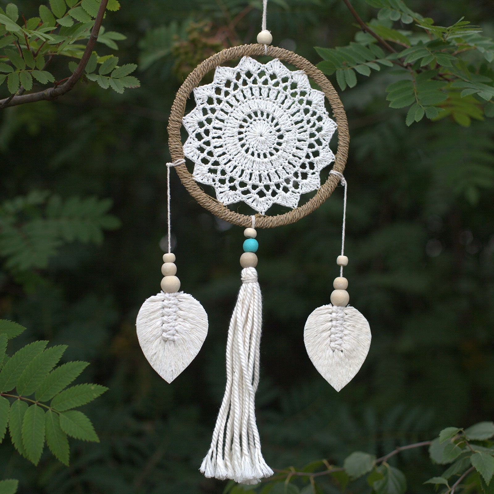 Eco-Friendly Hand Crafted Rattan and Cotton with Wooden Beaded Dreamcatcher - Medium / Elemental Spirits / Natural product packaging on clean background from Quintessential Holistic Health Ltd
