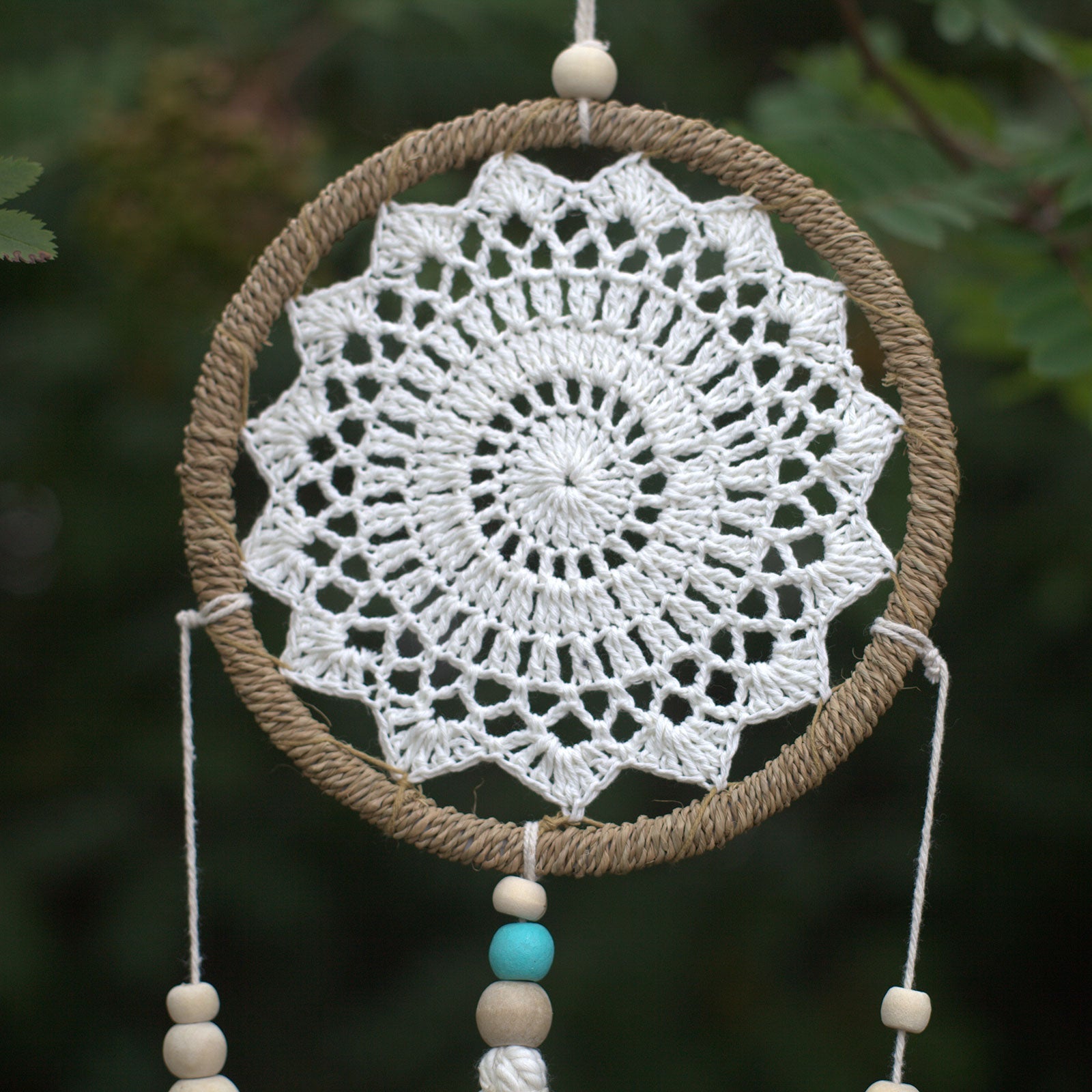 Eco-Friendly Hand Crafted Rattan and Cotton with Wooden Beaded Dreamcatcher - Medium / Elemental Spirits / Natural product packaging on clean background from Quintessential Holistic Health Ltd