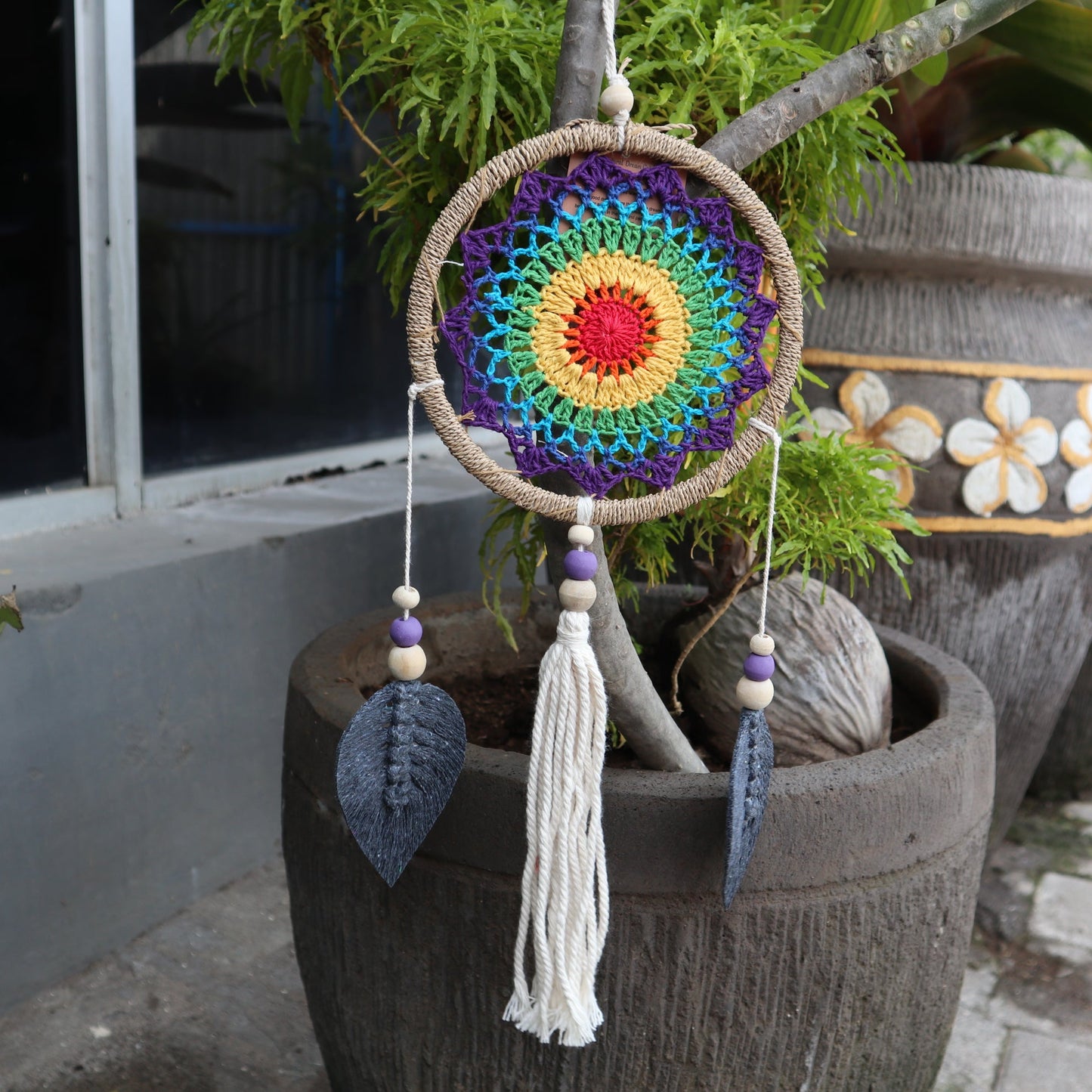 Eco-Friendly Hand Crafted Rattan and Cotton with Wooden Beaded Dreamcatcher - Medium / Elemental Spirits / Rainbow product packaging on clean background from Quintessential Holistic Health Ltd