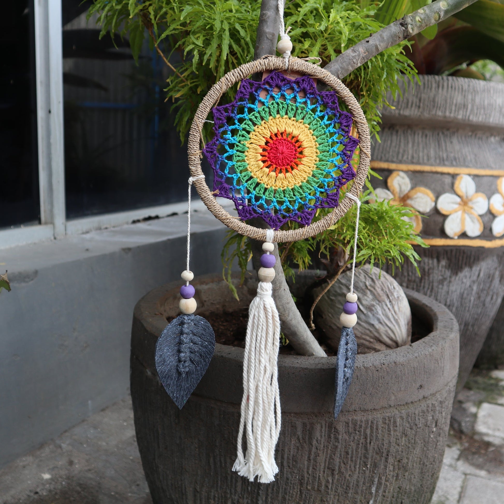 Eco-Friendly Hand Crafted Rattan and Cotton with Wooden Beaded Dreamcatcher - Medium / Elemental Spirits / Rainbow product packaging on clean background from Quintessential Holistic Health Ltd