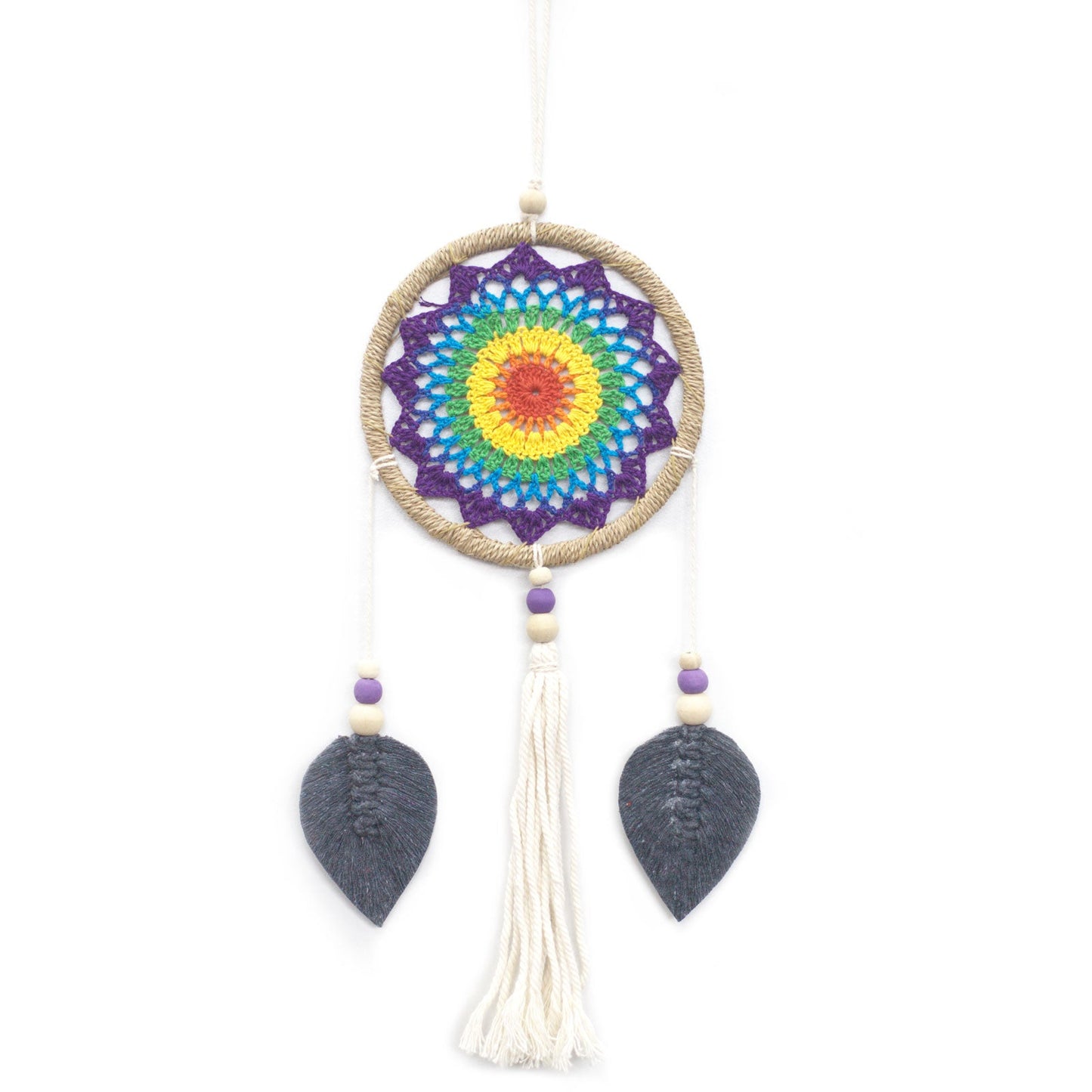 Eco-Friendly Hand Crafted Rattan and Cotton with Wooden Beaded Dreamcatcher - Medium / Elemental Spirits / Rainbow product packaging on clean background from Quintessential Holistic Health Ltd