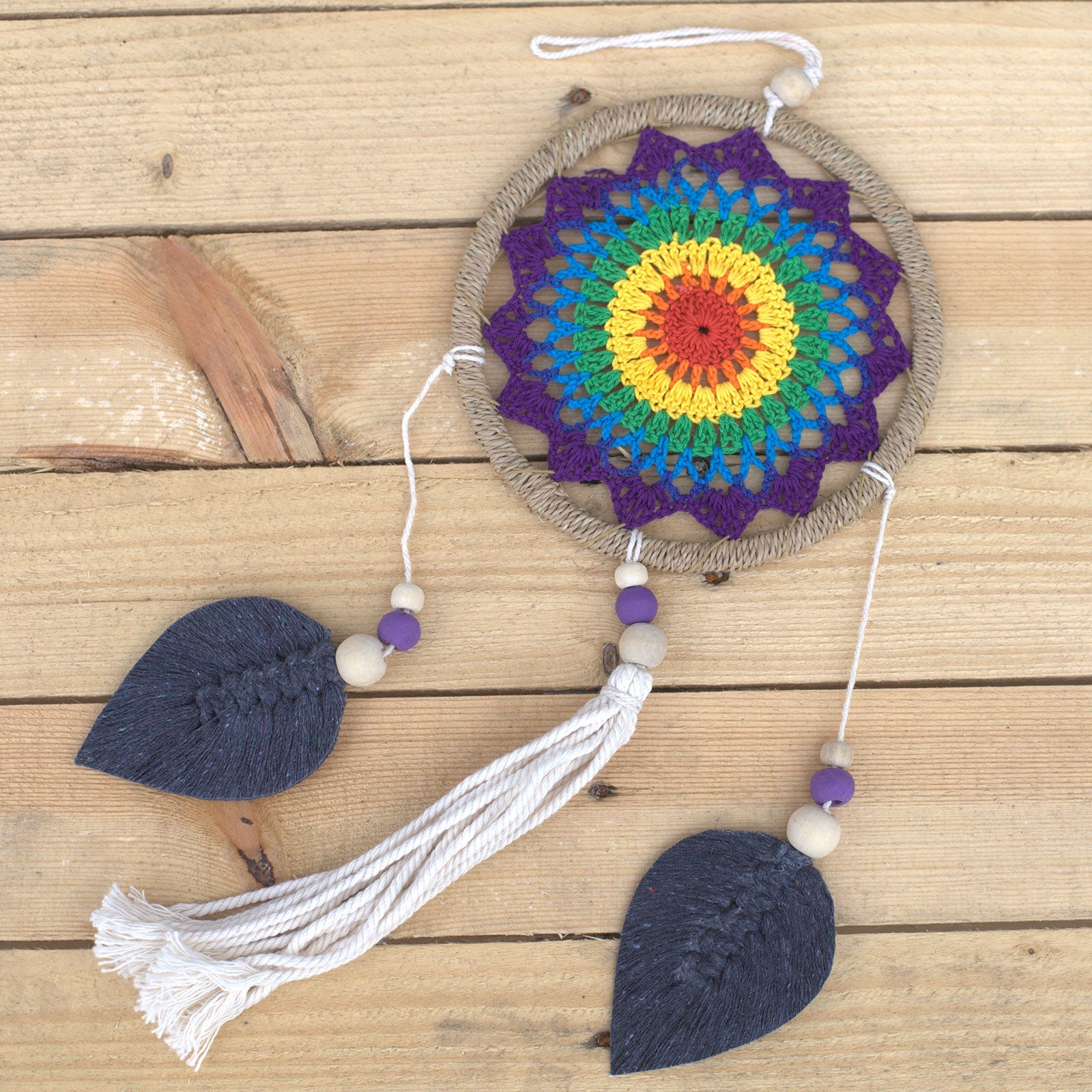 Eco-Friendly Hand Crafted Rattan and Cotton with Wooden Beaded Dreamcatcher - Medium / Elemental Spirits / Rainbow product packaging on clean background from Quintessential Holistic Health Ltd