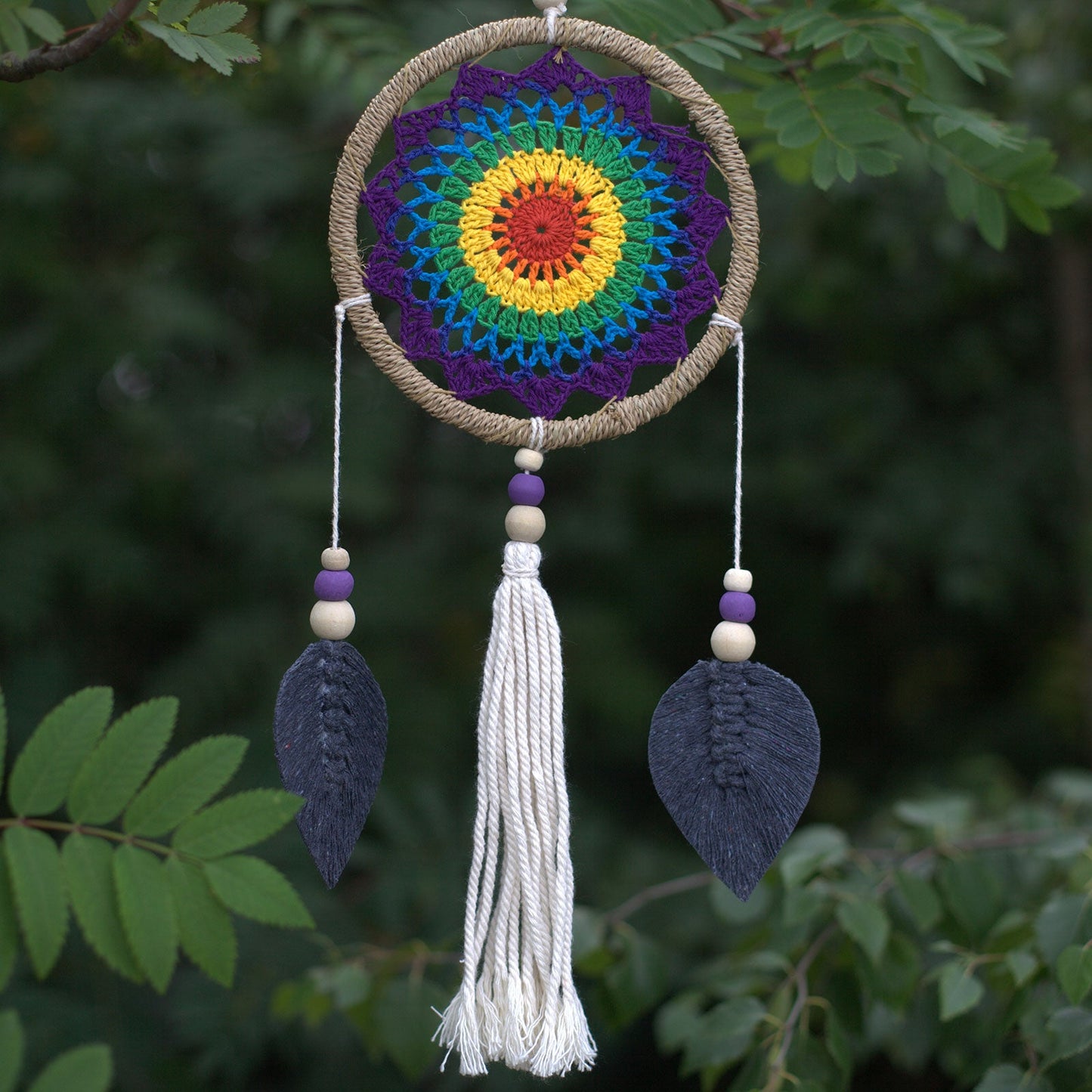 Eco-Friendly Hand Crafted Rattan and Cotton with Wooden Beaded Dreamcatcher - Medium / Elemental Spirits / Rainbow product packaging on clean background from Quintessential Holistic Health Ltd