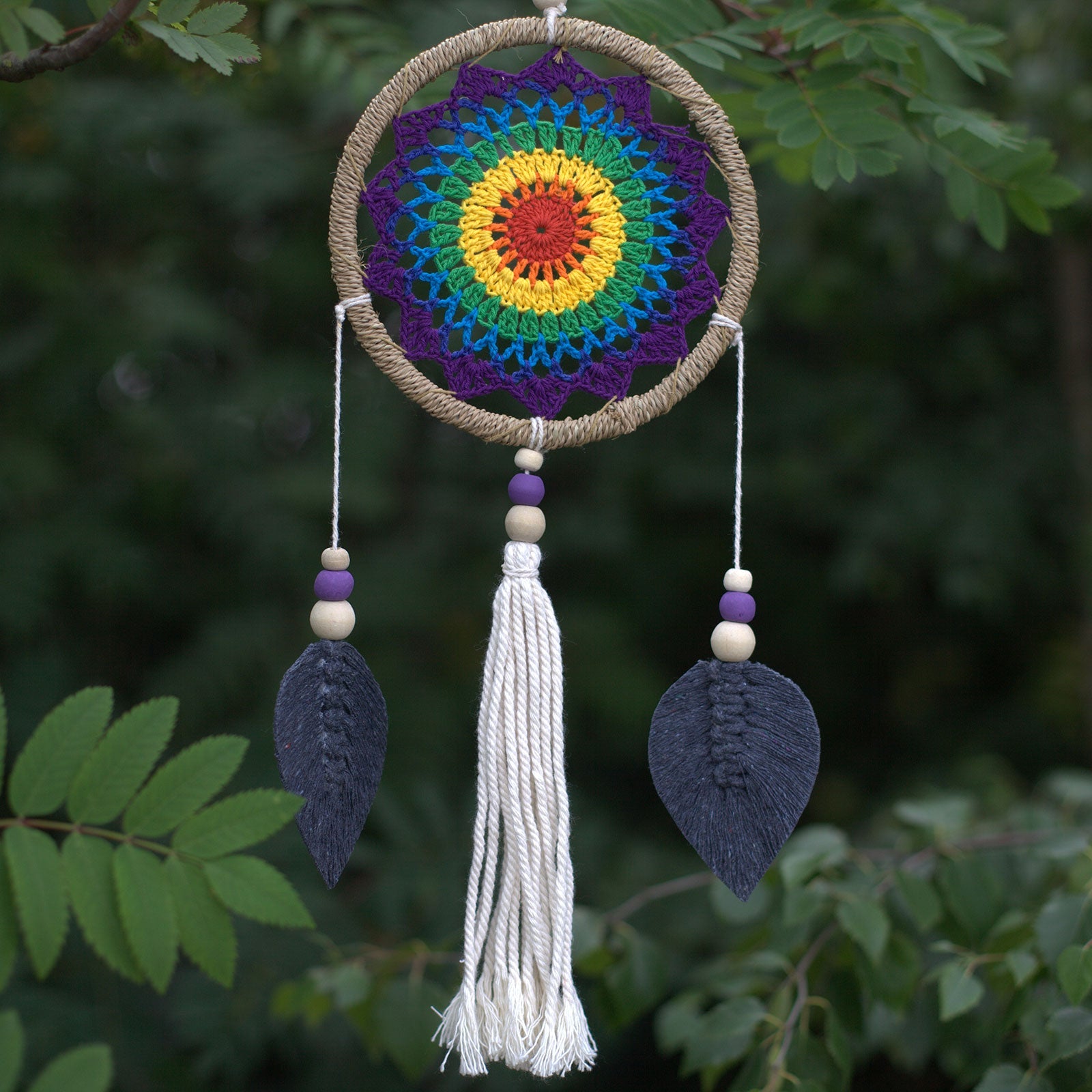 Eco-Friendly Hand Crafted Rattan and Cotton with Wooden Beaded Dreamcatcher - Medium / Elemental Spirits / Rainbow product packaging on clean background from Quintessential Holistic Health Ltd