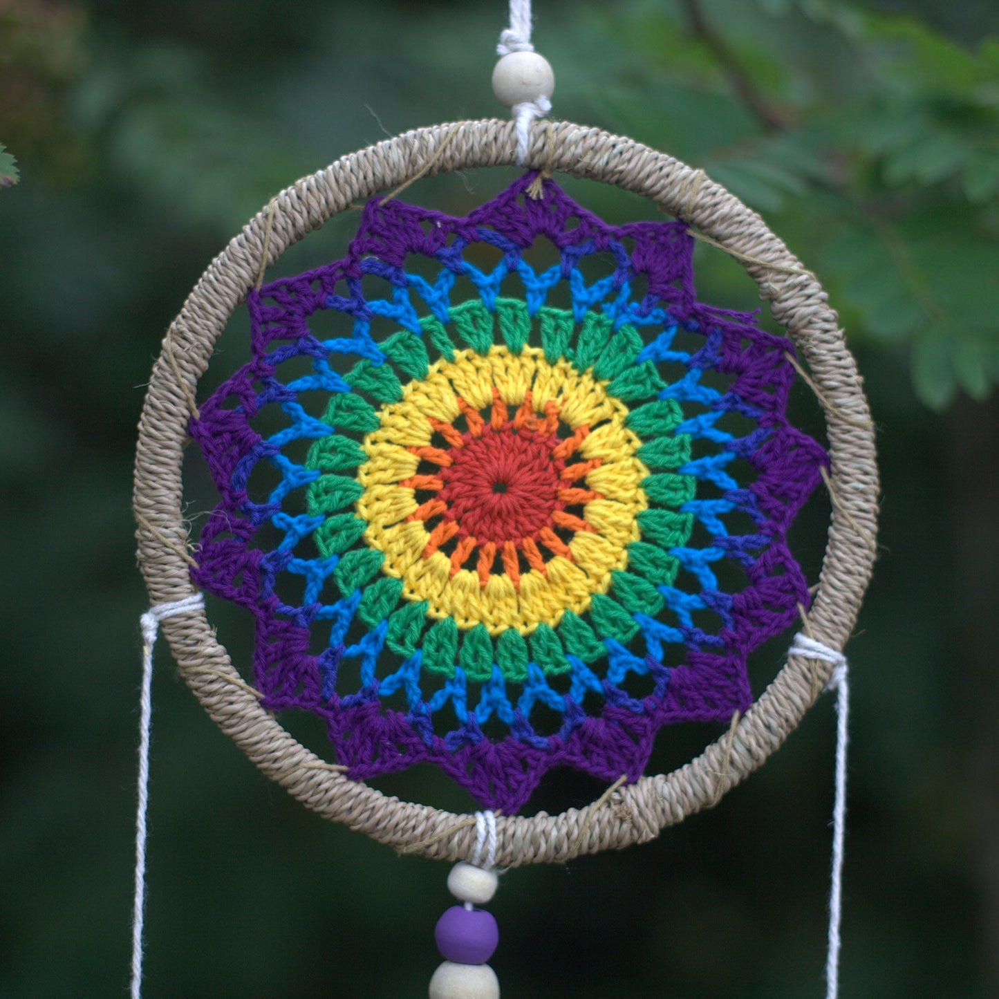 Eco-Friendly Hand Crafted Rattan and Cotton with Wooden Beaded Dreamcatcher - Medium / Elemental Spirits / Rainbow product packaging on clean background from Quintessential Holistic Health Ltd