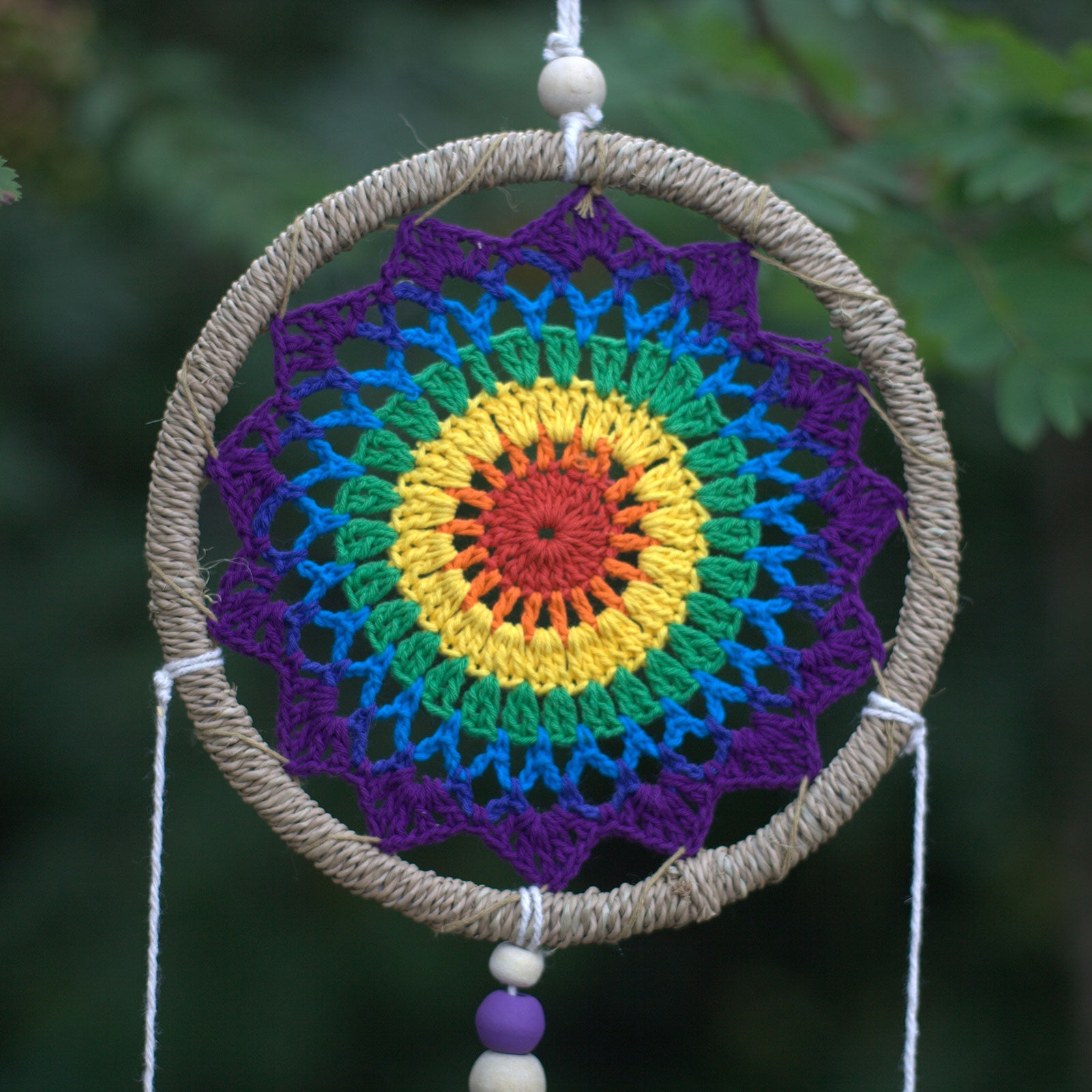Eco-Friendly Hand Crafted Rattan and Cotton with Wooden Beaded Dreamcatcher - Medium / Elemental Spirits / Rainbow product packaging on clean background from Quintessential Holistic Health Ltd