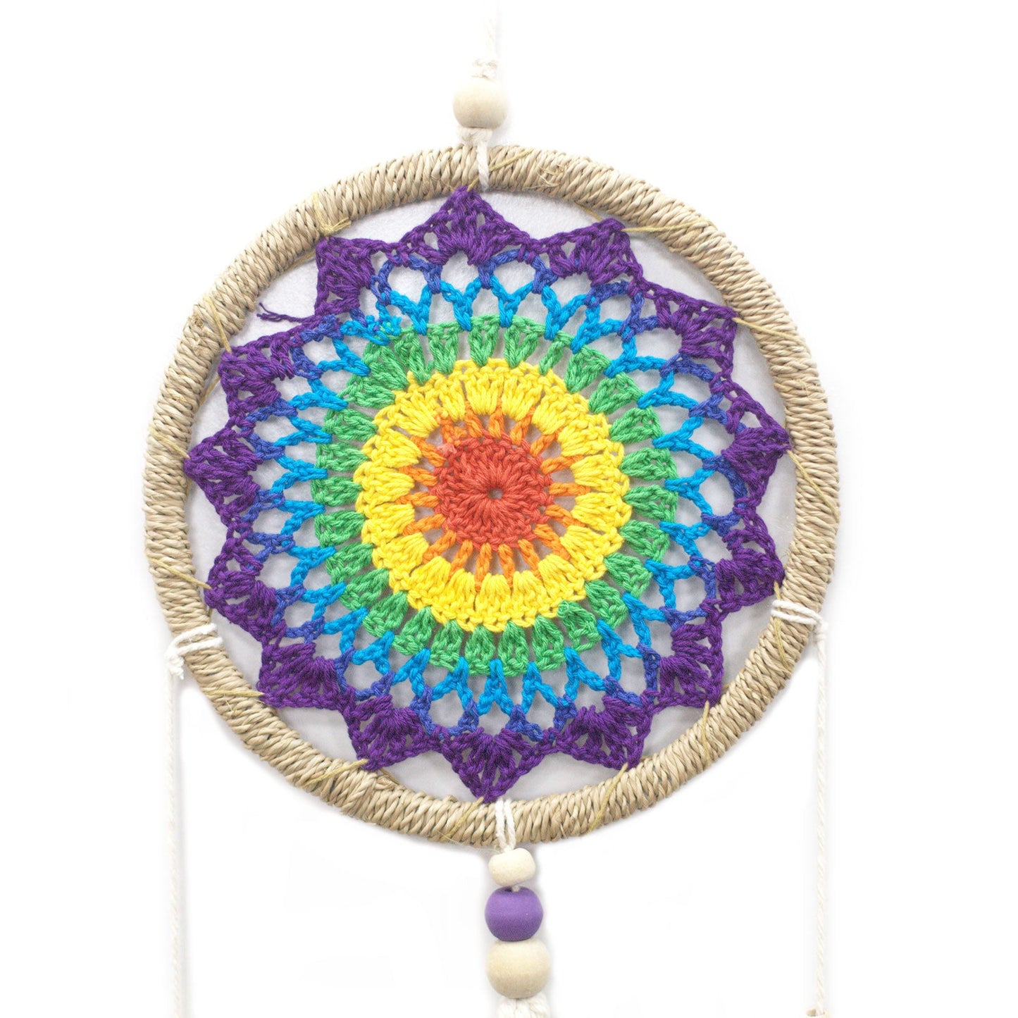 Eco-Friendly Hand Crafted Rattan and Cotton with Wooden Beaded Dreamcatcher - Medium / Elemental Spirits / Rainbow product packaging on clean background from Quintessential Holistic Health Ltd