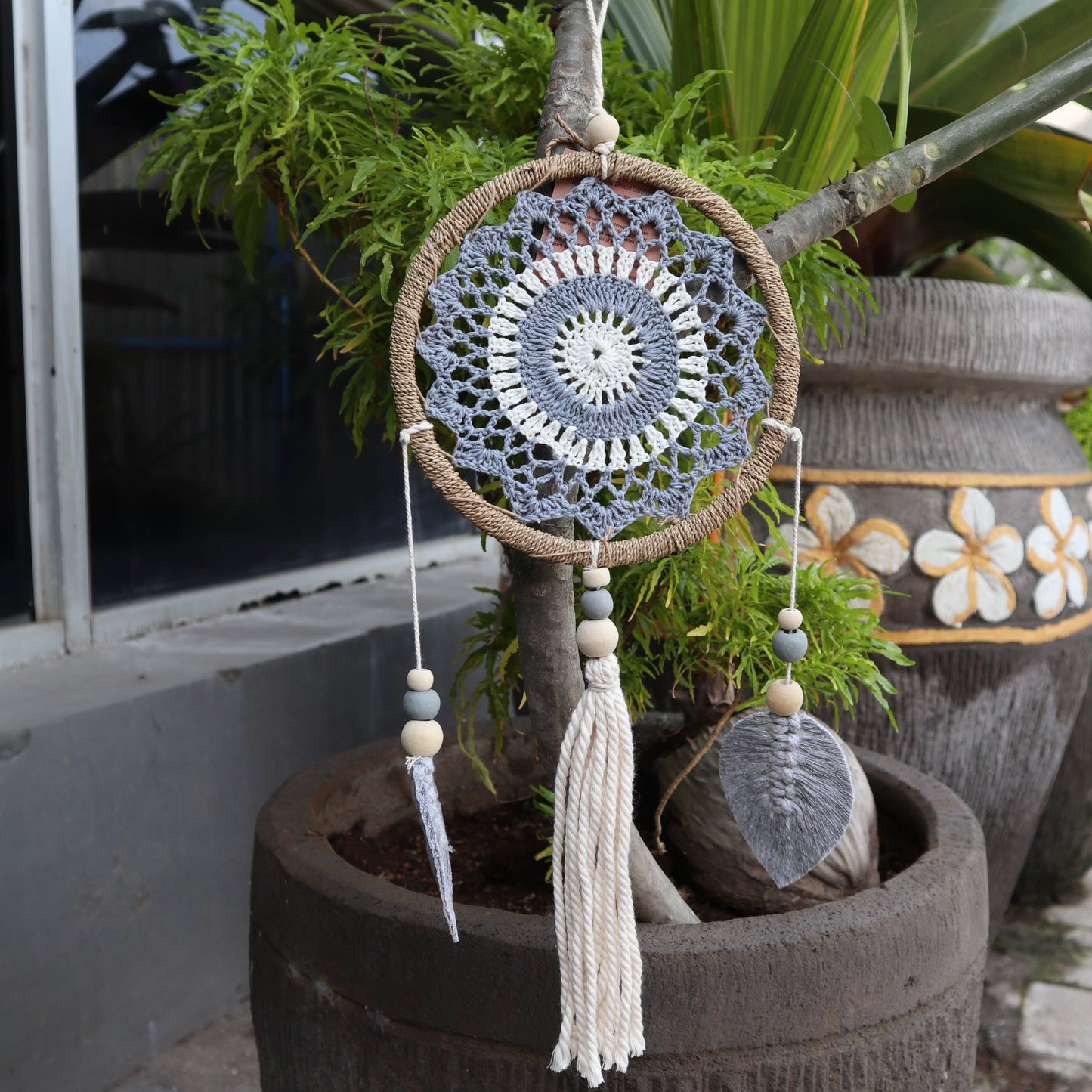 Eco-Friendly Hand Crafted Rattan and Cotton with Wooden Beaded Dreamcatcher- Medium / Elemental Spirits / Grey product packaging on clean background from Quintessential Holistic Health Ltd