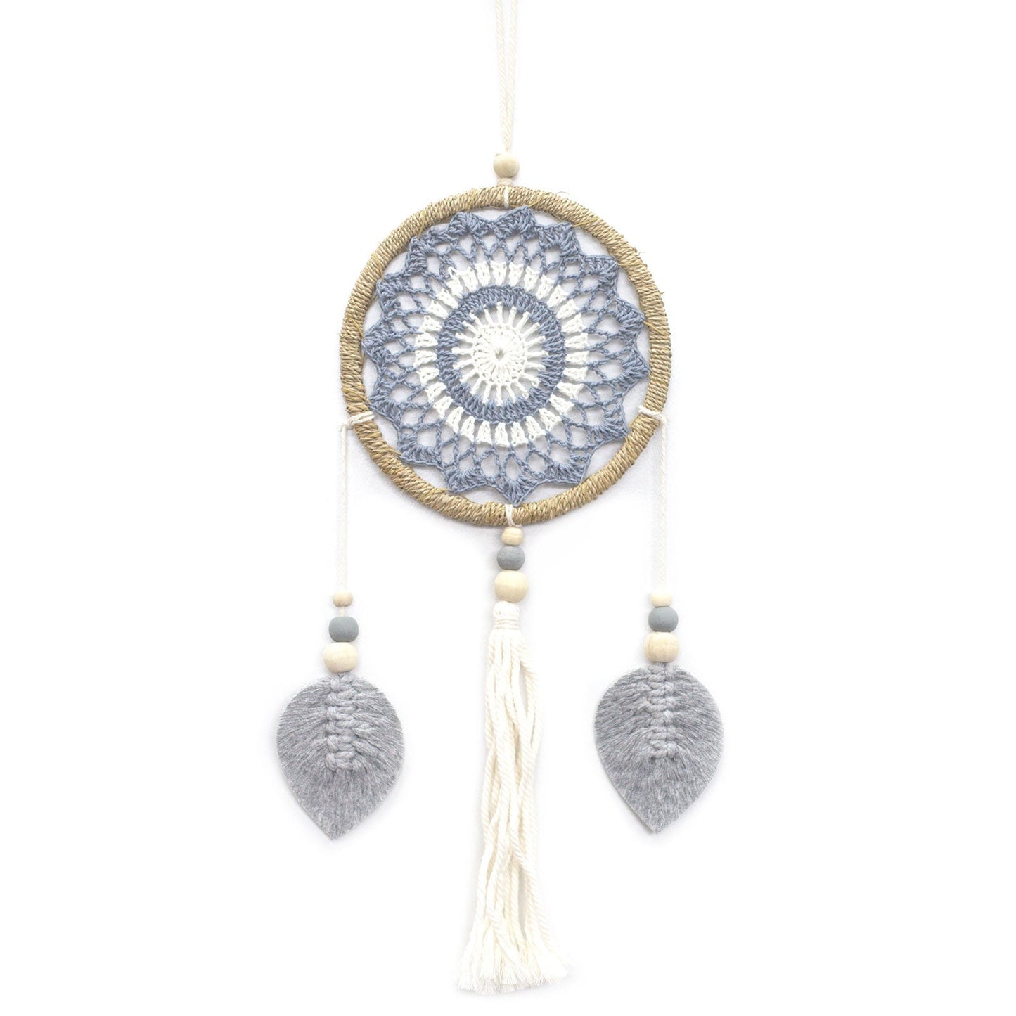 Eco-Friendly Hand Crafted Rattan and Cotton with Wooden Beaded Dreamcatcher- Medium / Elemental Spirits / Grey product packaging on clean background from Quintessential Holistic Health Ltd