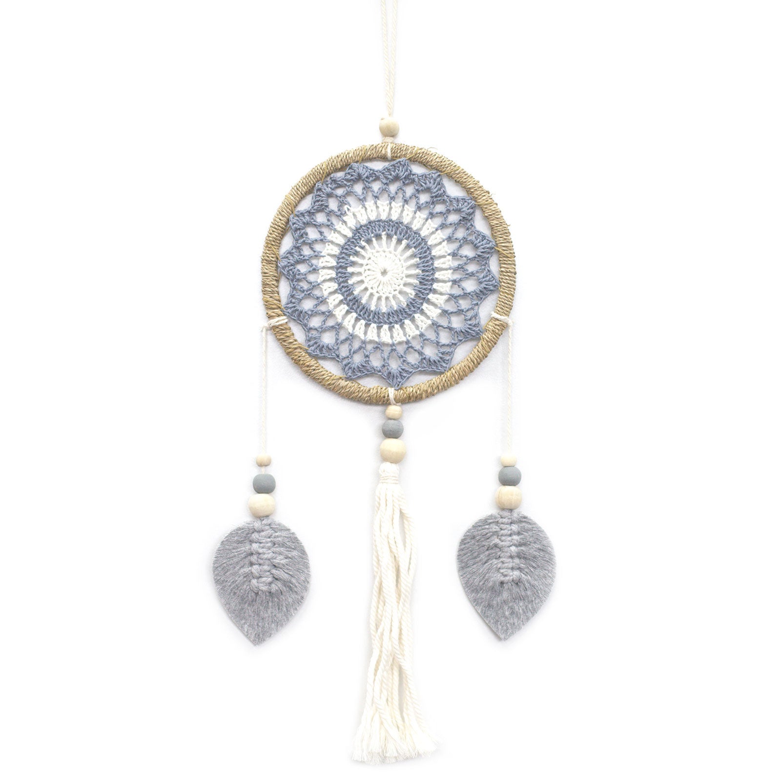 Eco-Friendly Hand Crafted Rattan and Cotton with Wooden Beaded Dreamcatcher- Medium / Elemental Spirits / Grey product packaging on clean background from Quintessential Holistic Health Ltd