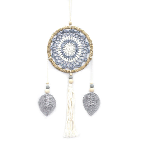 Eco-Friendly Hand Crafted Rattan and Cotton with Wooden Beaded Dreamcatcher- Medium / Elemental Spirits / Grey product packaging on clean background from Quintessential Holistic Health Ltd