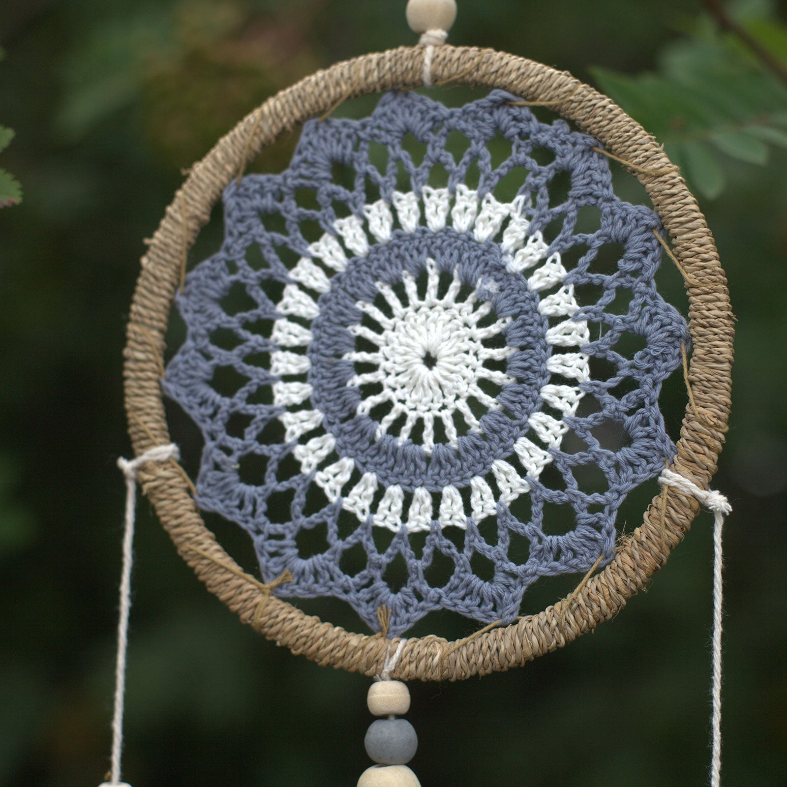 Eco-Friendly Hand Crafted Rattan and Cotton with Wooden Beaded Dreamcatcher- Medium / Elemental Spirits / Grey product packaging on clean background from Quintessential Holistic Health Ltd