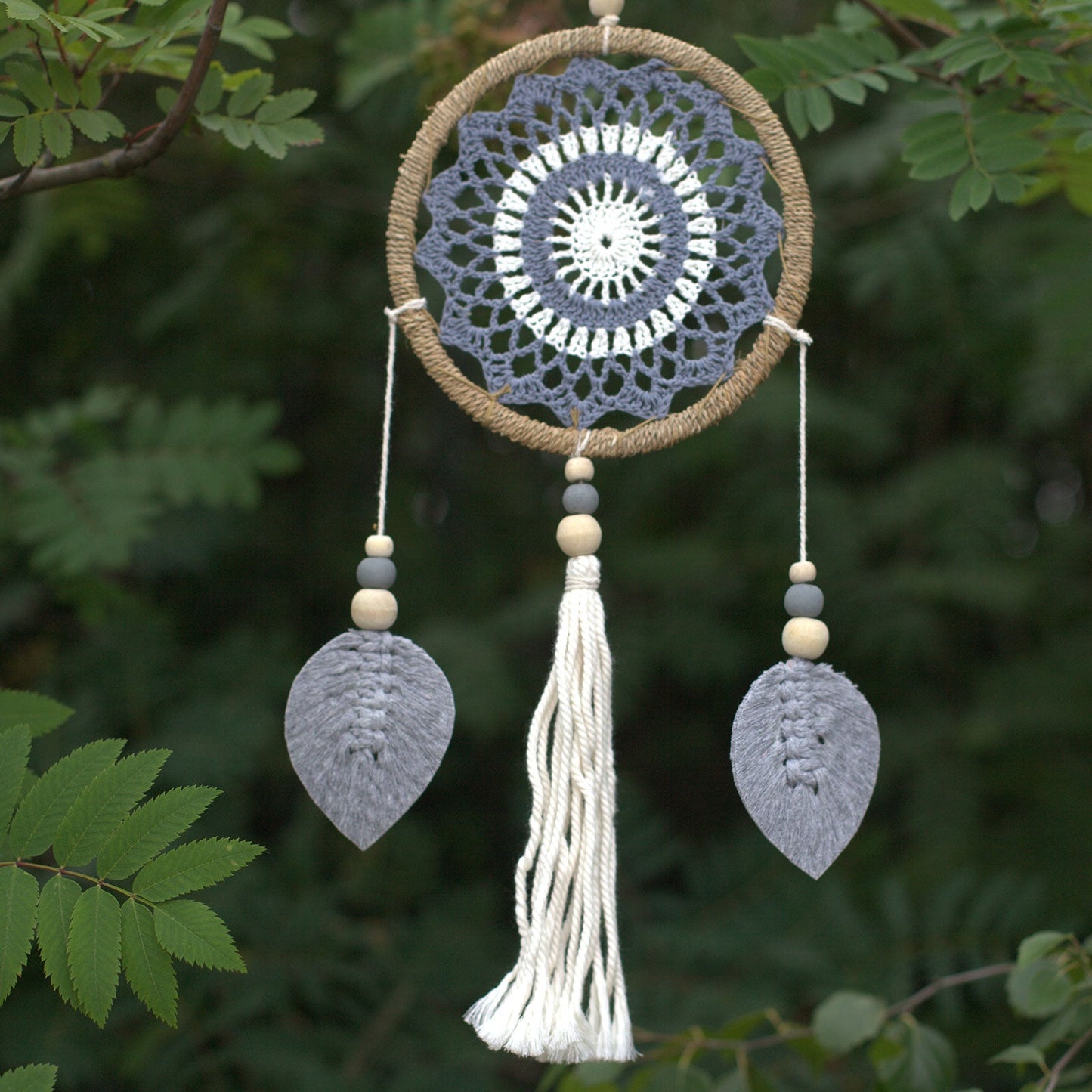 Eco-Friendly Hand Crafted Rattan and Cotton with Wooden Beaded Dreamcatcher- Medium / Elemental Spirits / Grey product packaging on clean background from Quintessential Holistic Health Ltd