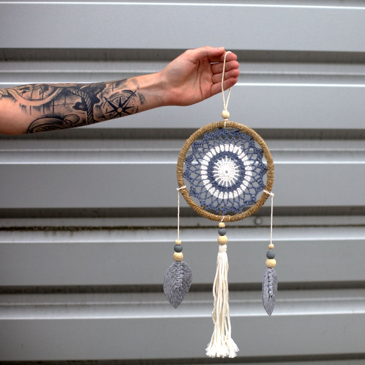 Eco-Friendly Hand Crafted Rattan and Cotton with Wooden Beaded Dreamcatcher- Medium / Elemental Spirits / Grey product packaging on clean background from Quintessential Holistic Health Ltd