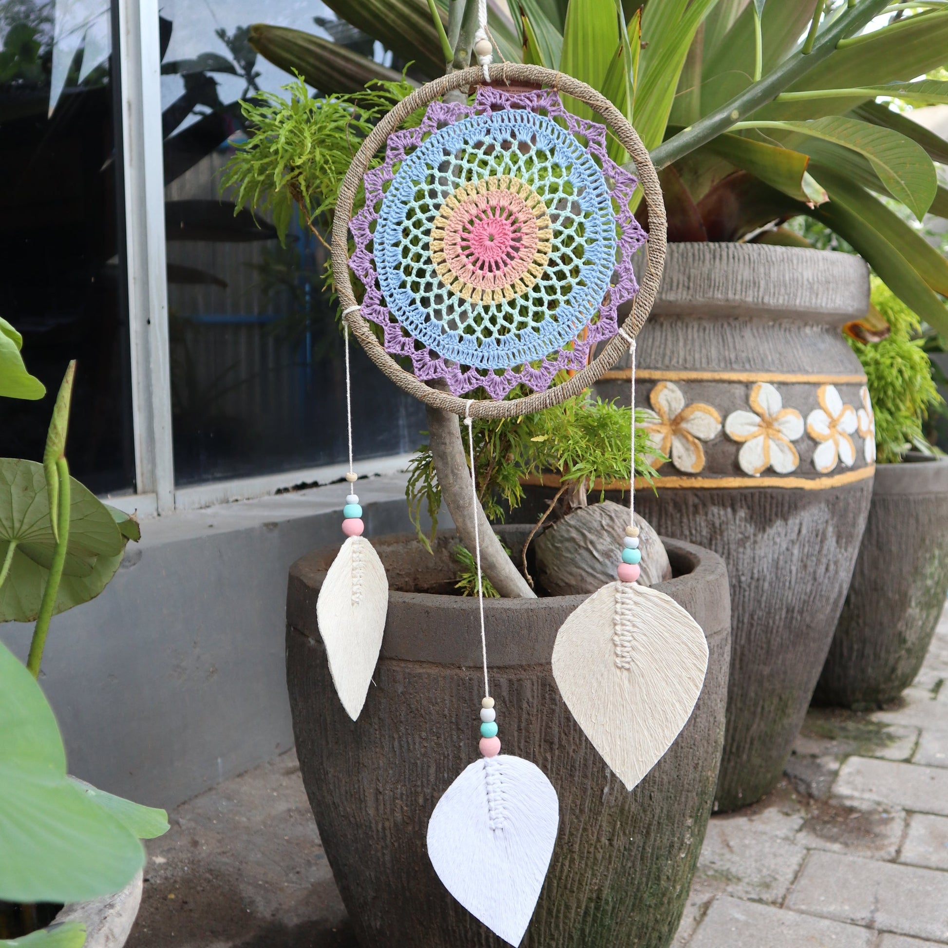 Eco-Friendly Hand Crafted Rattan and Cotton with Wooden Beaded Dreamcatcher - Large / Elemental Spirits / Multicoloured product packaging on clean background from Quintessential Holistic Health