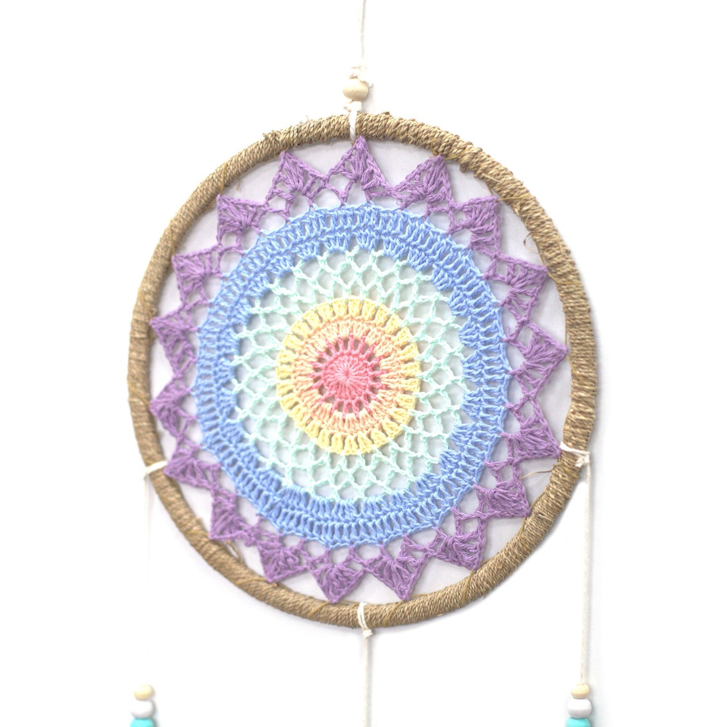 Eco-Friendly Hand Crafted Rattan and Cotton with Wooden Beaded Dreamcatcher - Large / Elemental Spirits / Multicoloured product packaging on clean background from Quintessential Holistic Health