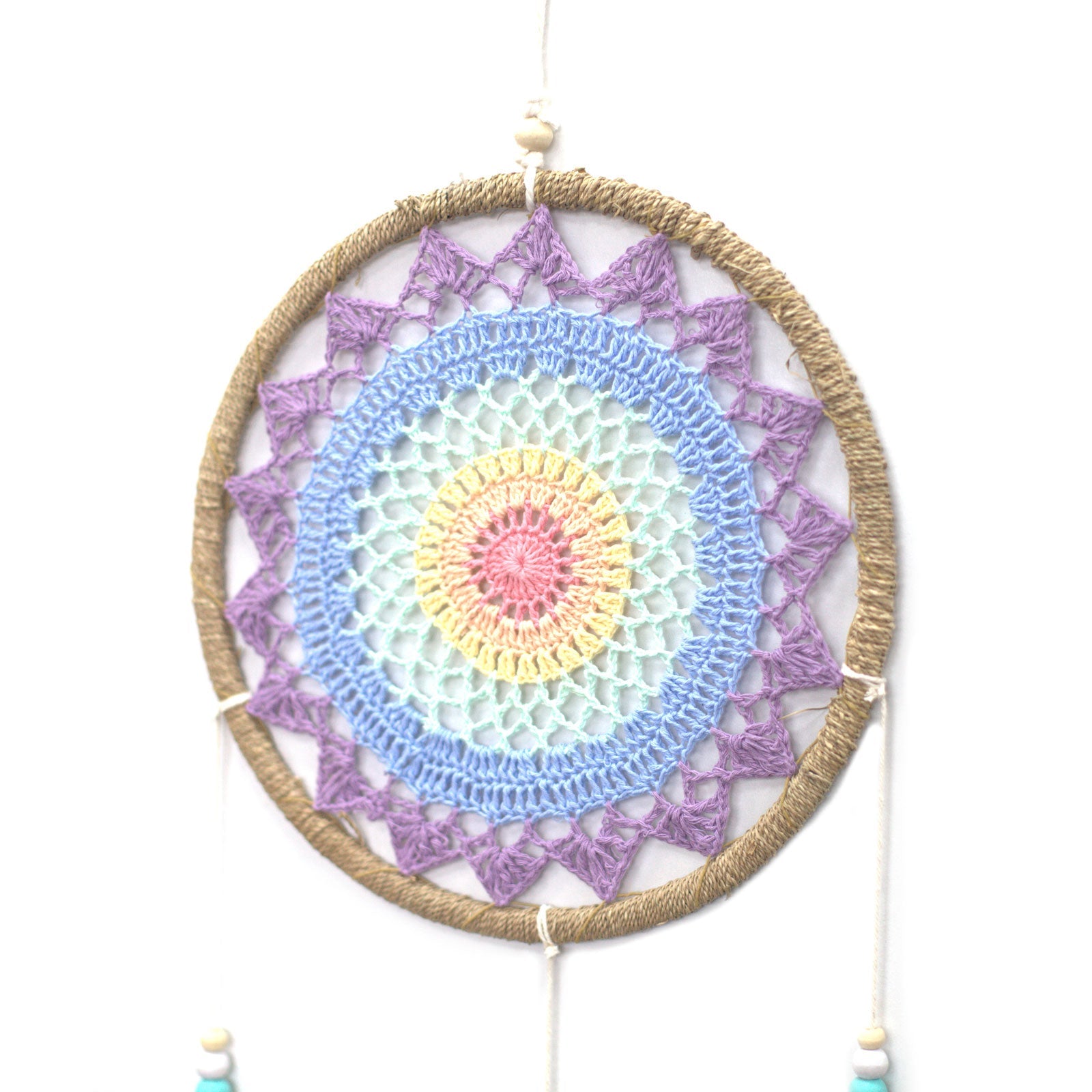 Eco-Friendly Hand Crafted Rattan and Cotton with Wooden Beaded Dreamcatcher - Large / Elemental Spirits / Multicoloured product packaging on clean background from Quintessential Holistic Health