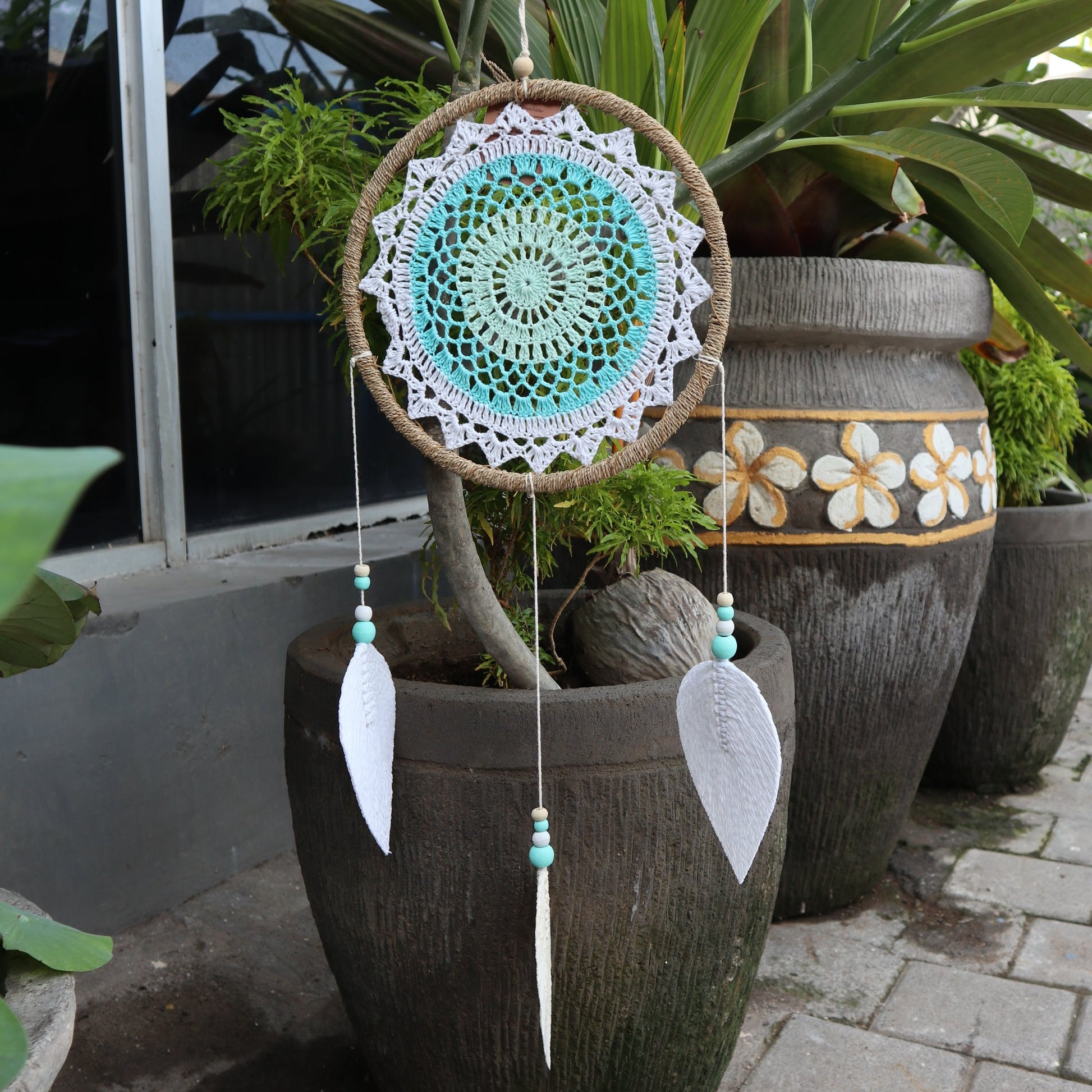 Eco-Friendly Hand Crafted Rattan and Cotton with Wooden Beaded Dreamcatcher - Large / Elemental Spirits / Turquoise product packaging on clean background from Quintessential Holistic Health Ltd