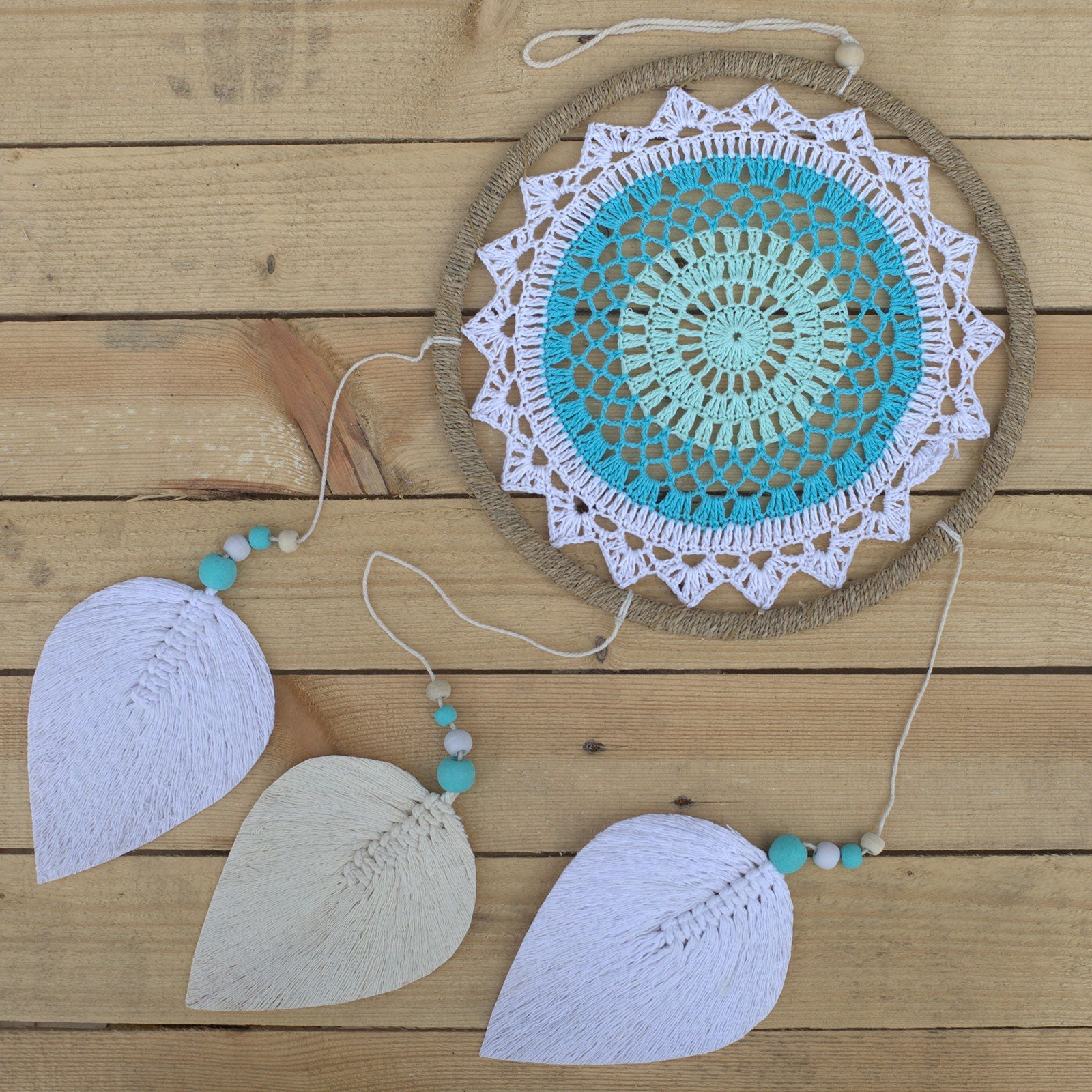 Eco-Friendly Hand Crafted Rattan and Cotton with Wooden Beaded Dreamcatcher - Large / Elemental Spirits / Turquoise product packaging on clean background from Quintessential Holistic Health Ltd