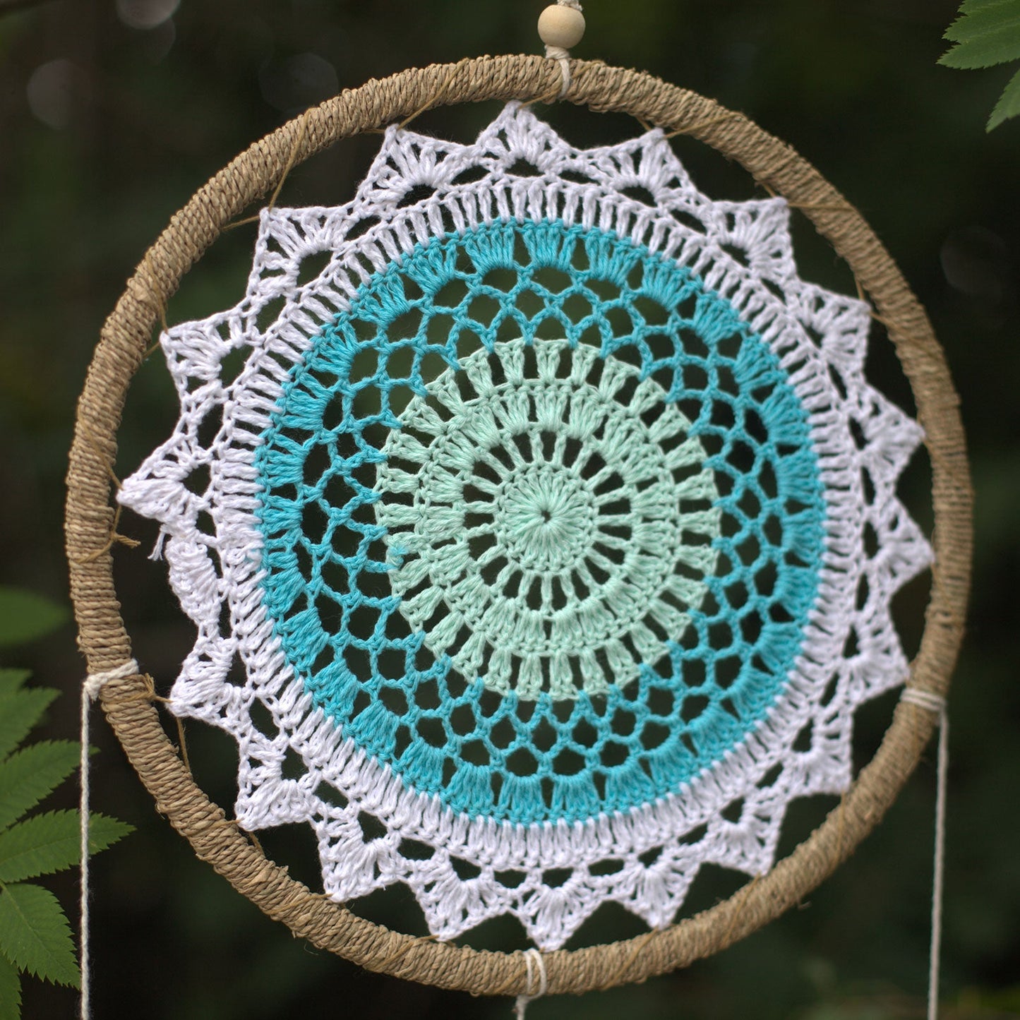 Eco-Friendly Hand Crafted Rattan and Cotton with Wooden Beaded Dreamcatcher - Large / Elemental Spirits / Turquoise product packaging on clean background from Quintessential Holistic Health Ltd