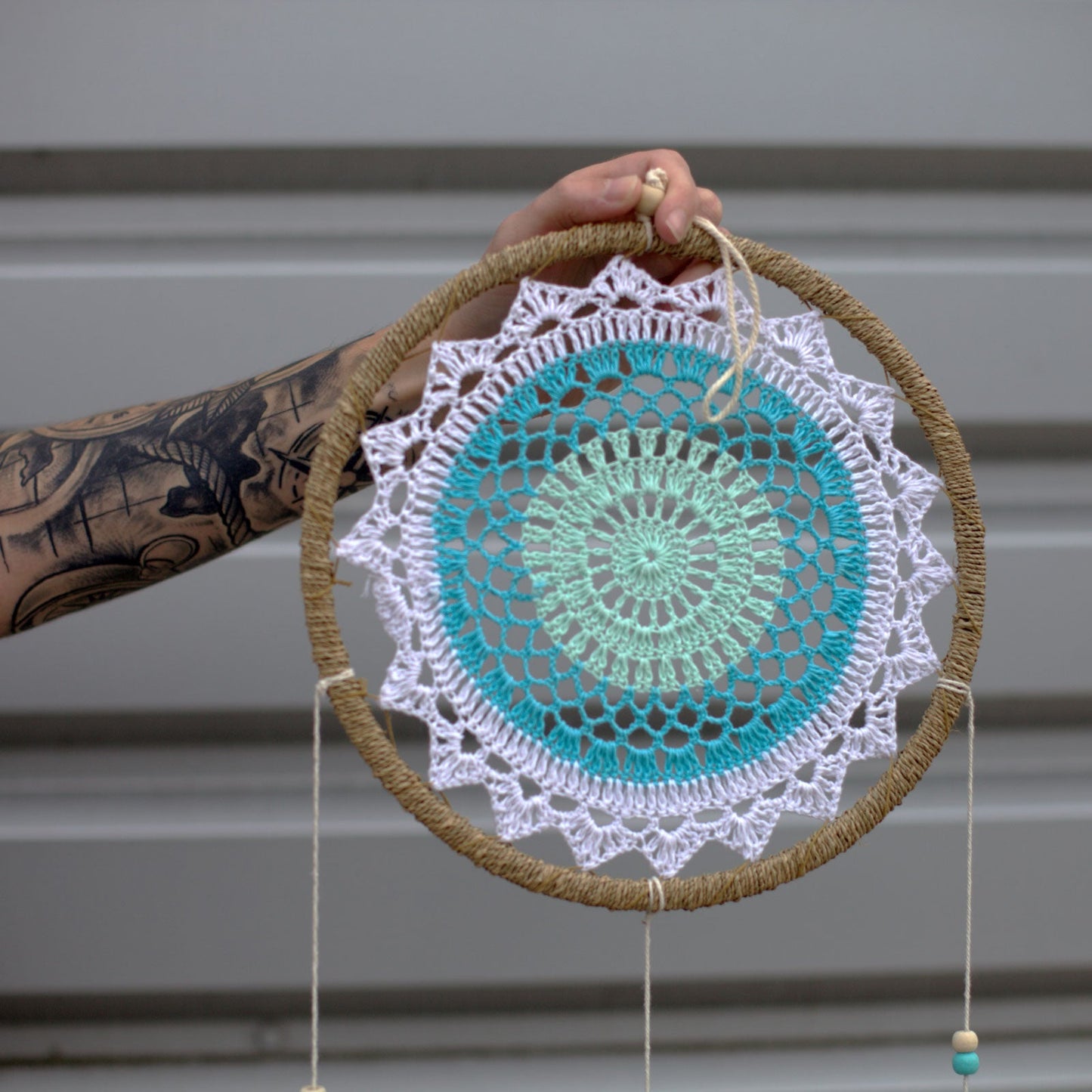 Eco-Friendly Hand Crafted Rattan and Cotton with Wooden Beaded Dreamcatcher - Large / Elemental Spirits / Turquoise product packaging on clean background from Quintessential Holistic Health Ltd