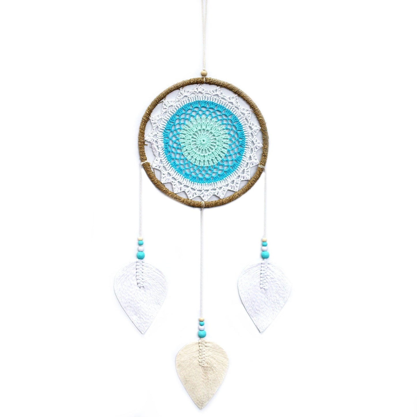Eco-Friendly Hand Crafted Rattan and Cotton with Wooden Beaded Dreamcatcher - Large / Elemental Spirits / Turquoise product packaging on clean background from Quintessential Holistic Health Ltd