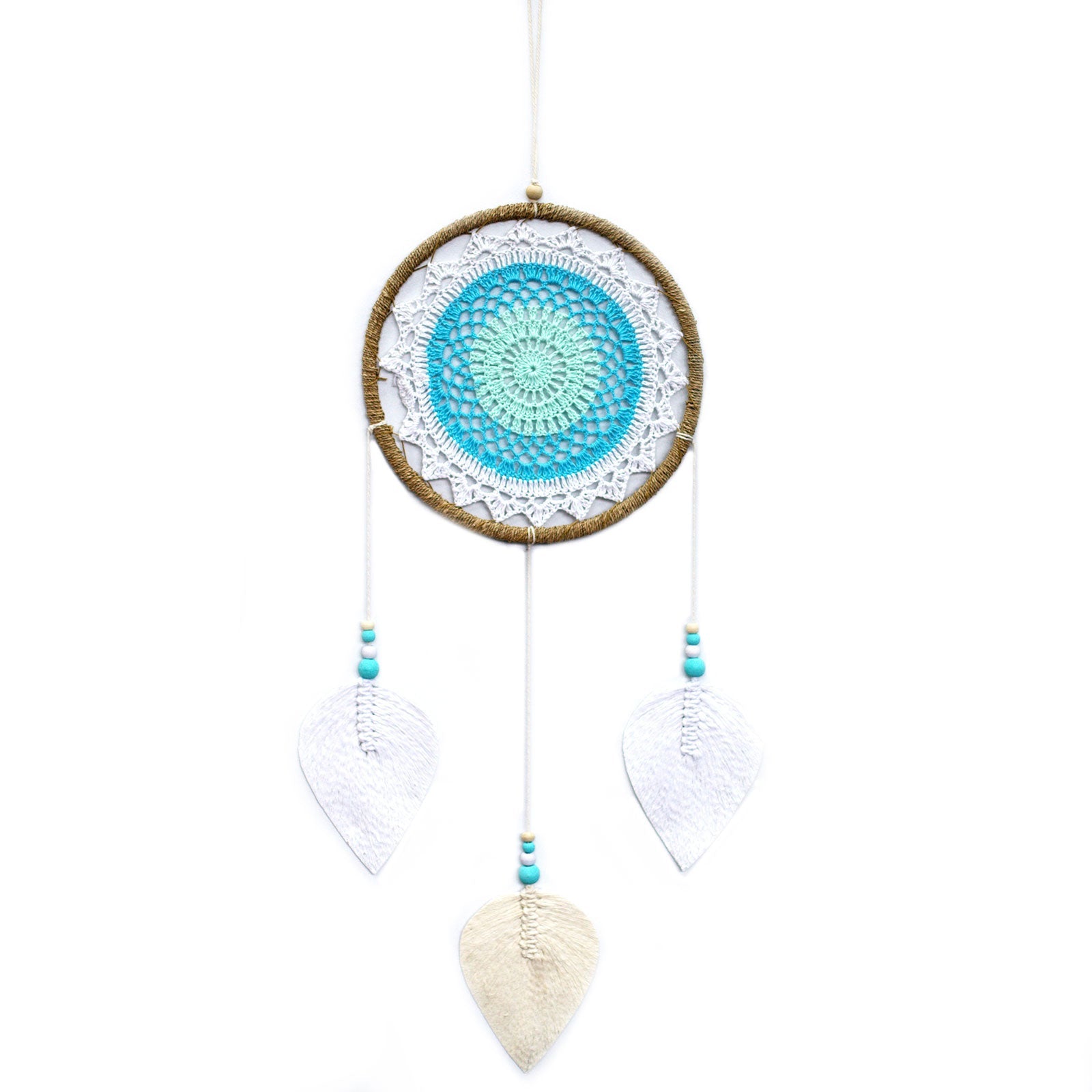 Eco-Friendly Hand Crafted Rattan and Cotton with Wooden Beaded Dreamcatcher - Large / Elemental Spirits / Turquoise product packaging on clean background from Quintessential Holistic Health Ltd