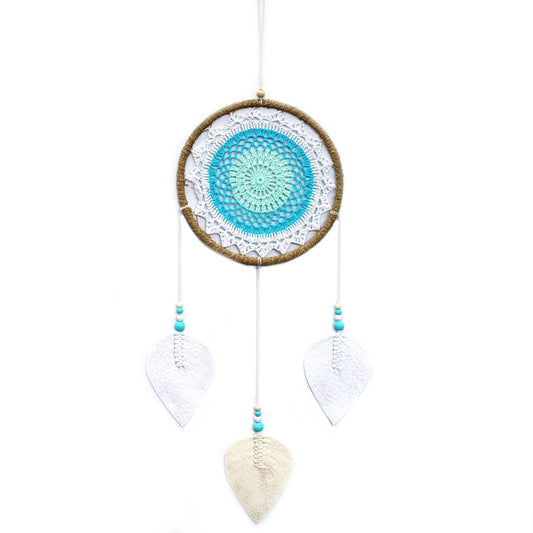 Eco-Friendly Hand Crafted Rattan and Cotton with Wooden Beaded Dreamcatcher - Large / Elemental Spirits / Turquoise product packaging on clean background from Quintessential Holistic Health Ltd
