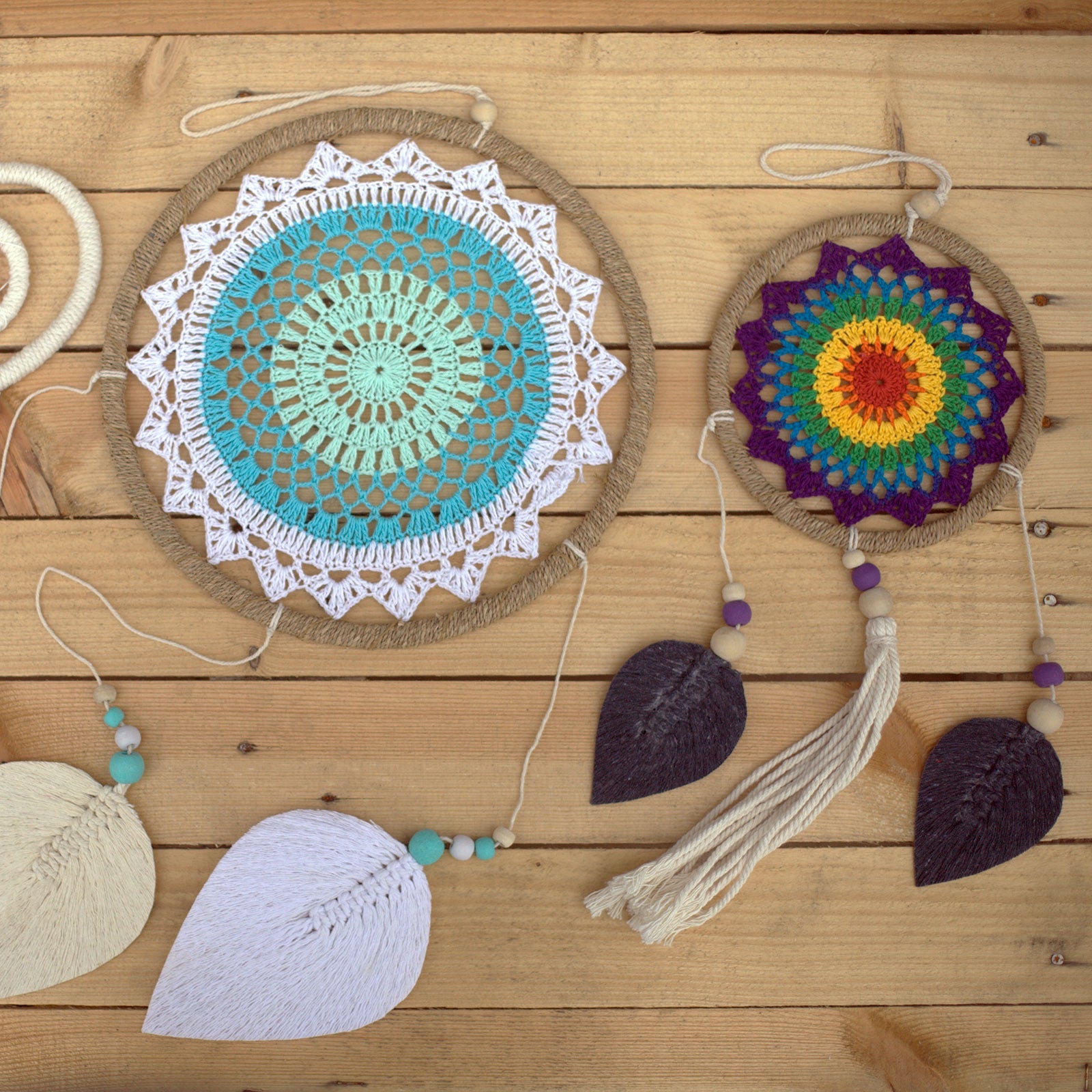 Eco-Friendly Hand Crafted Rattan and Cotton with Wooden Beaded Dreamcatcher - Large / Elemental Spirits / Turquoise product packaging on clean background from Quintessential Holistic Health Ltd
