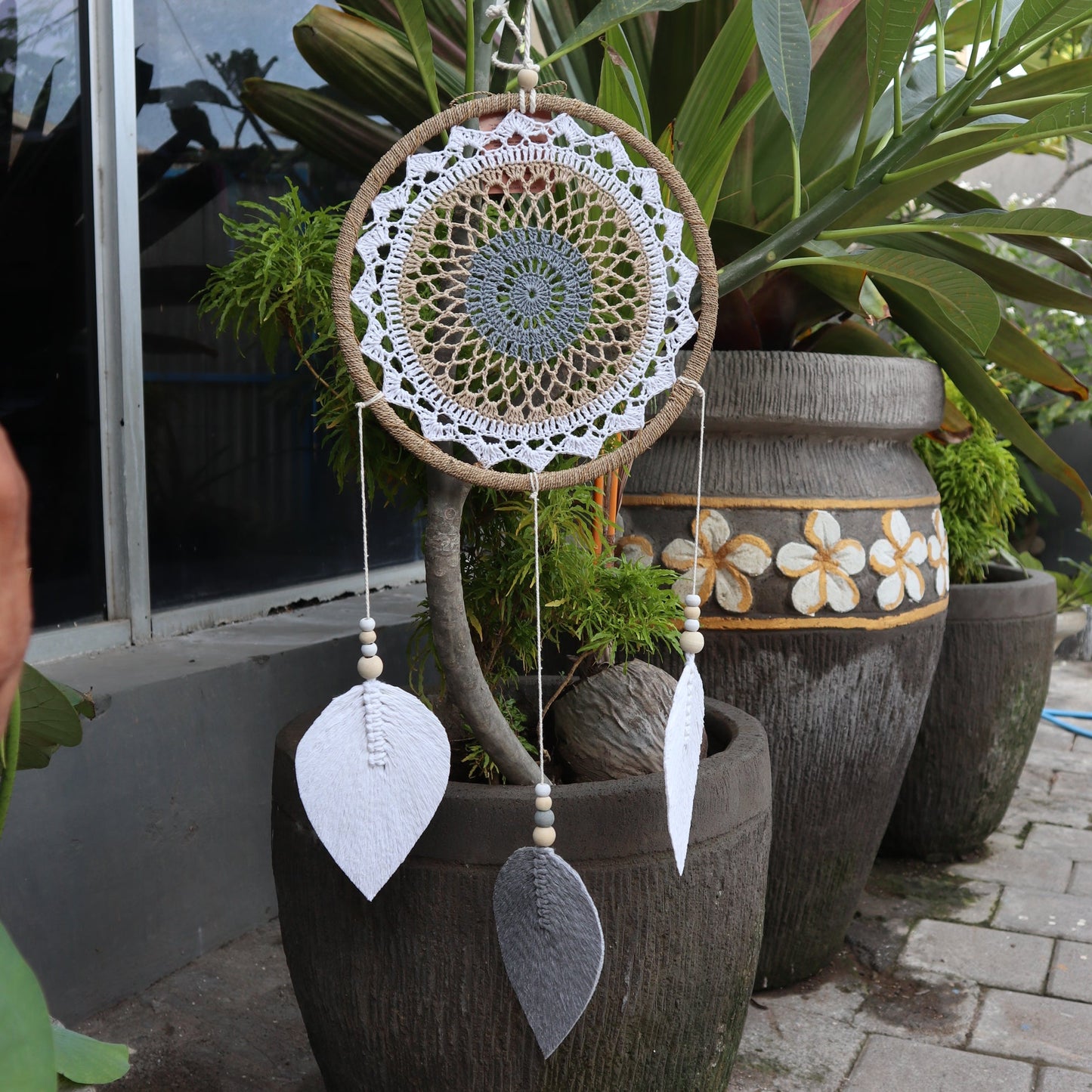 Eco-Friendly Hand Crafted Rattan and Cotton with Wooden Beaded Dreamcatcher - Large / Elemental Spirits / Brown product packaging on clean background from Quintessential Holistic Health Ltd