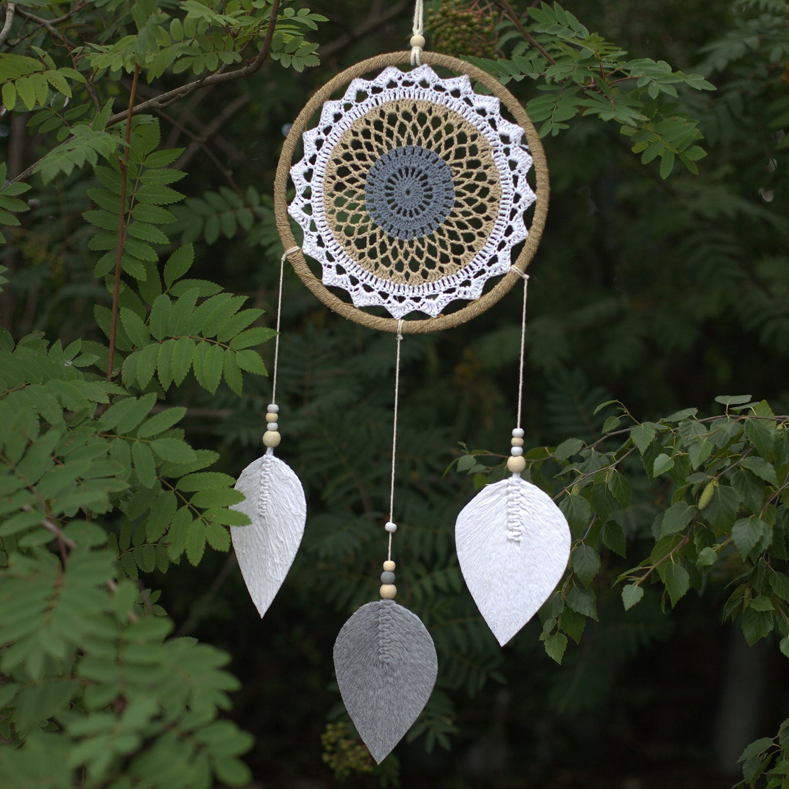 Eco-Friendly Hand Crafted Rattan and Cotton with Wooden Beaded Dreamcatcher - Large / Elemental Spirits / Brown product packaging on clean background from Quintessential Holistic Health Ltd