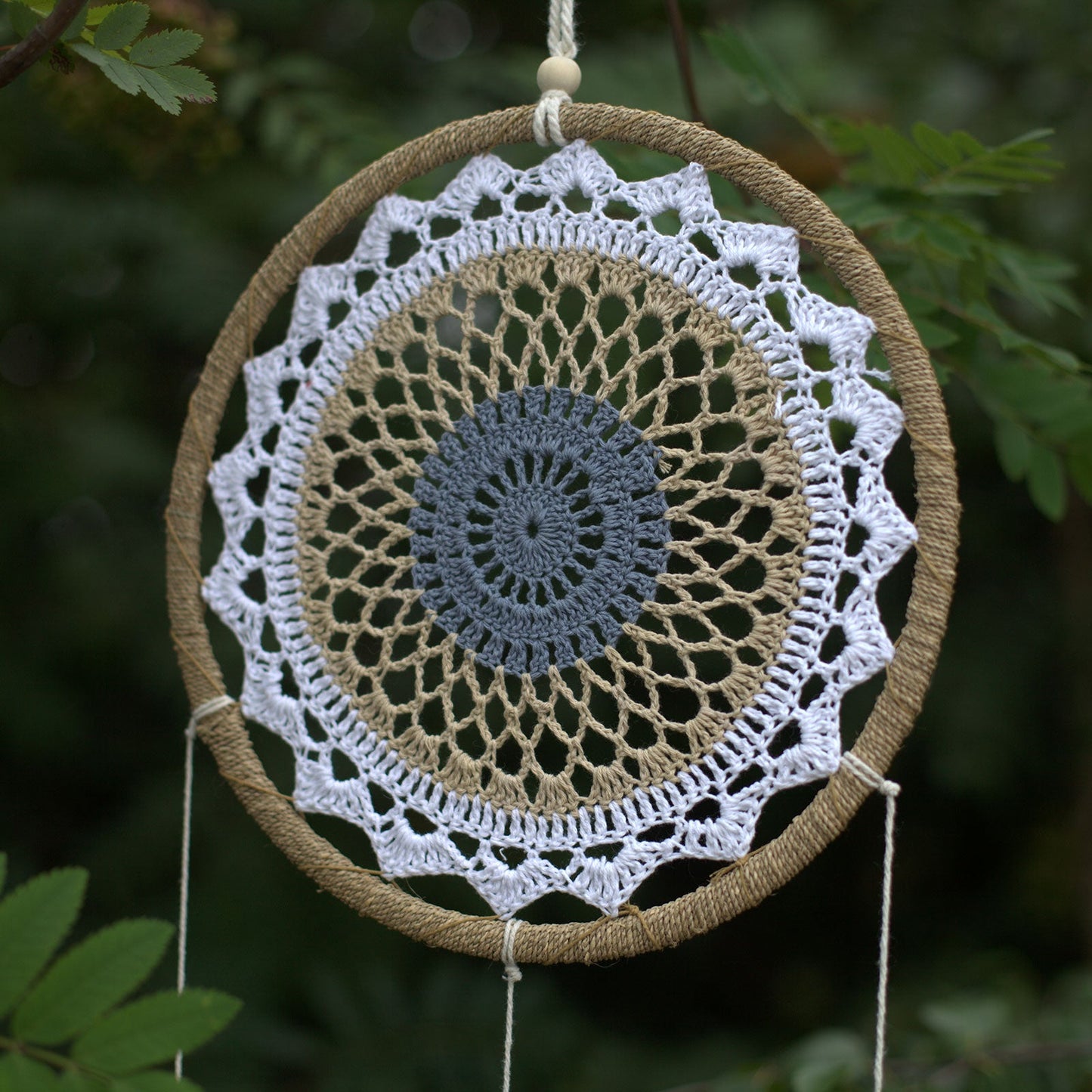 Eco-Friendly Hand Crafted Rattan and Cotton with Wooden Beaded Dreamcatcher - Large / Elemental Spirits / Brown product packaging on clean background from Quintessential Holistic Health Ltd