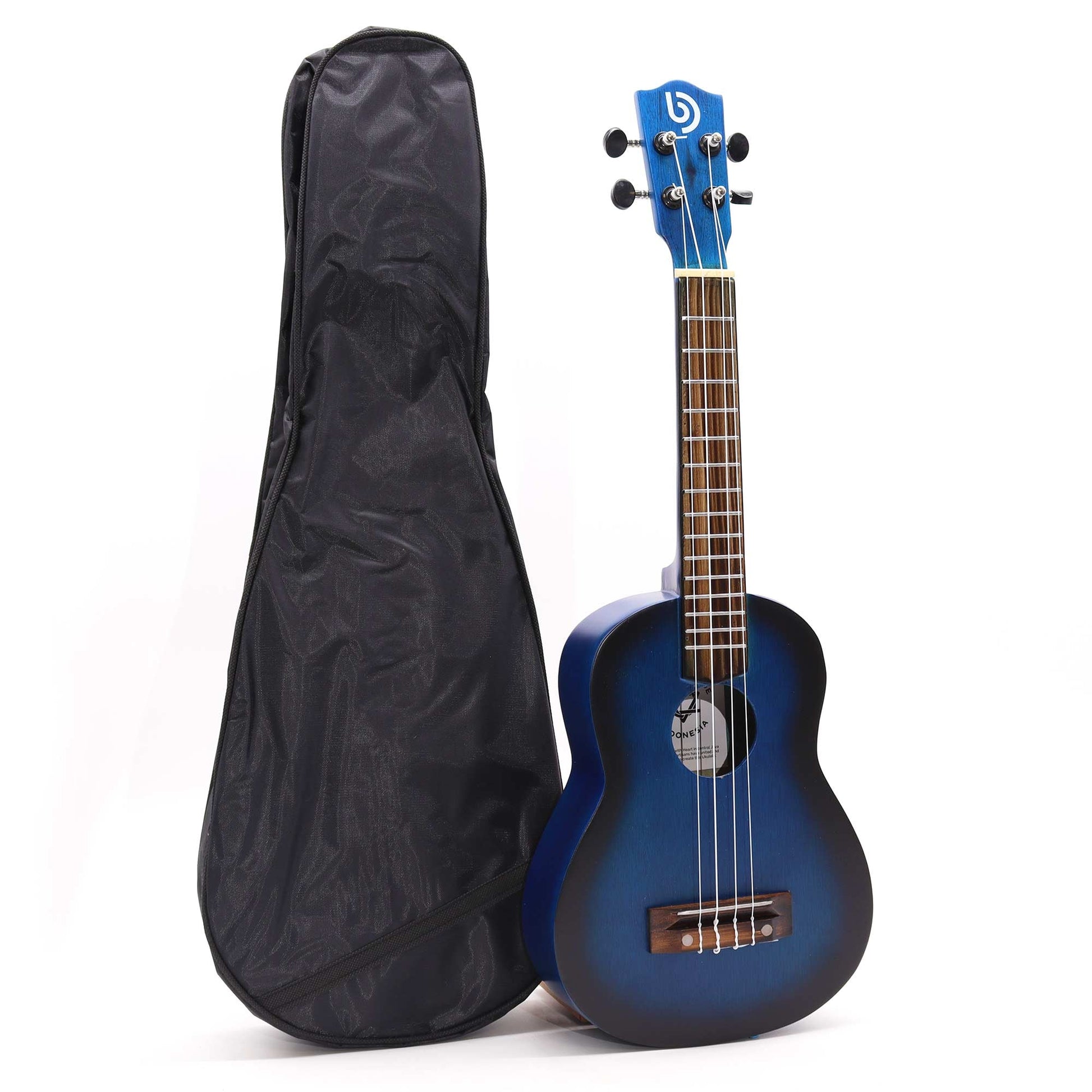 Artisan Handmade 4 String Rosewood Ukulele - Blue Sunburst product packaging on clean background from Quintessential Holistic Health Ltd