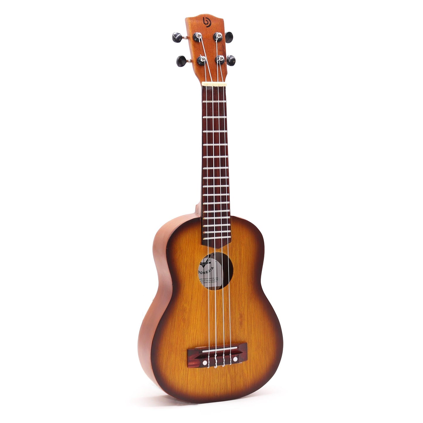 Artisan Handmade 4 String Rosewood Ukulele - Orange Sunburst product packaging on clean background from Quintessential Holistic Health Ltd