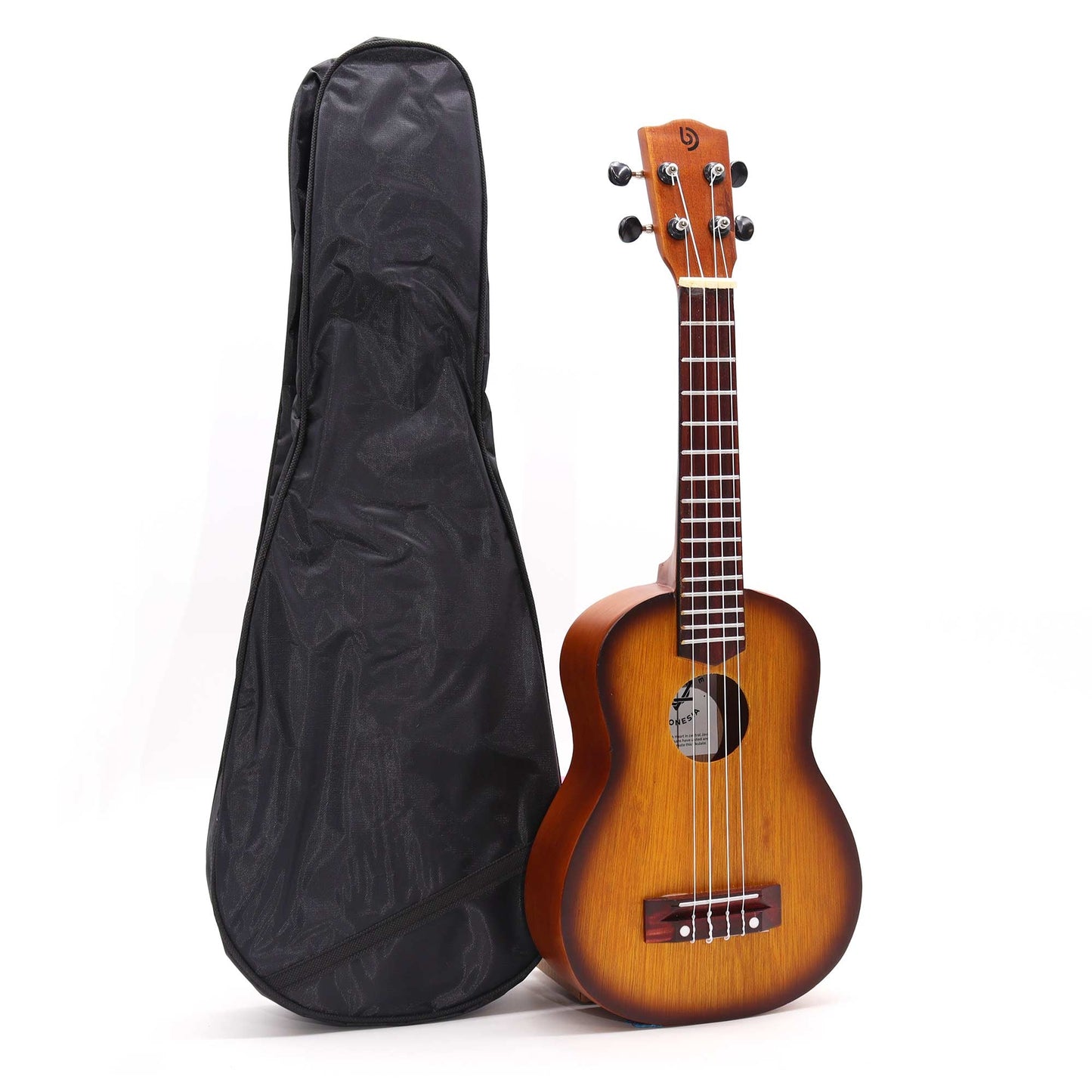 Artisan Handmade 4 String Rosewood Ukulele - Orange Sunburst product packaging on clean background from Quintessential Holistic Health Ltd