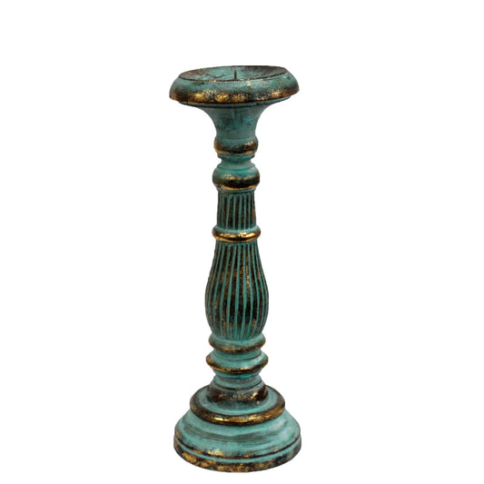 Wooden Handmade and Hand Painted Vintage Candle Holder Stand - Turquoise and Gold - Medium - main product image from Quintessential Holistic Health Ltd UK